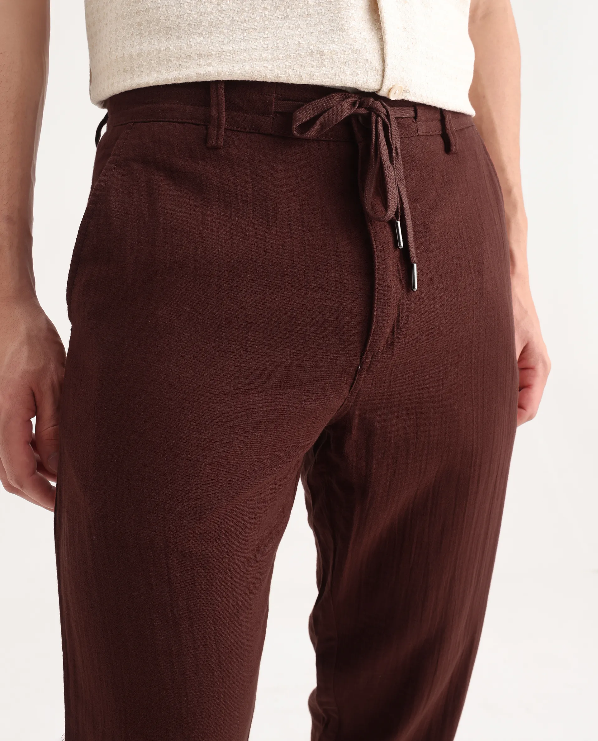 Rare Rabbit Men's Pastor-3 Rust Cotton Plain Regular Fit Trouser - Image 3