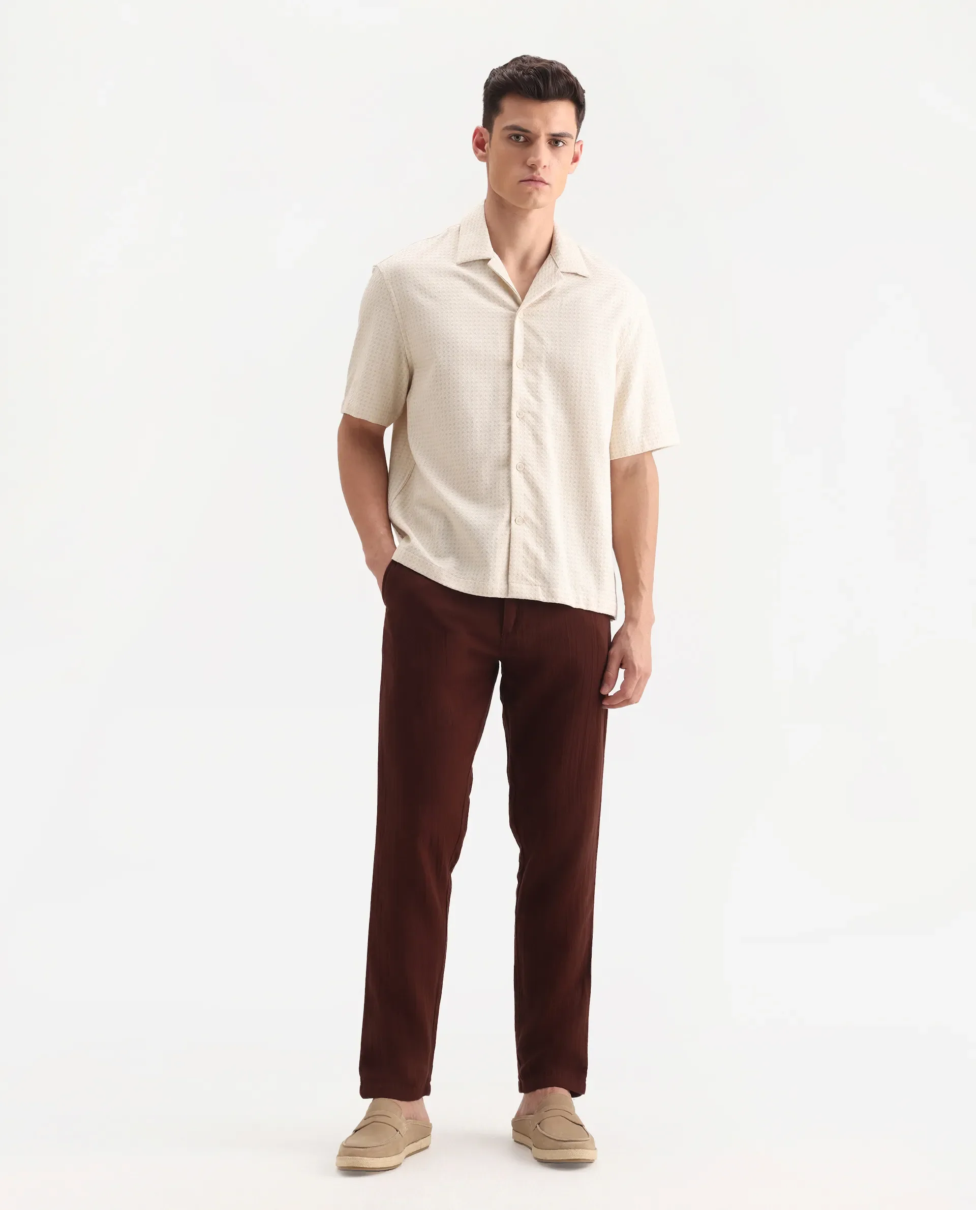 Rare Rabbit Men's Pastor-3 Rust Cotton Plain Regular Fit Trouser - Image 4