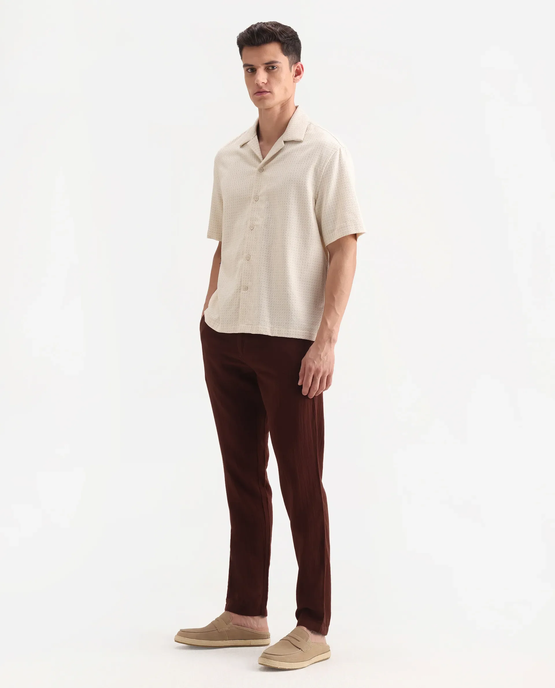 Rare Rabbit Men's Pastor-3 Rust Cotton Plain Regular Fit Trouser - Image 5