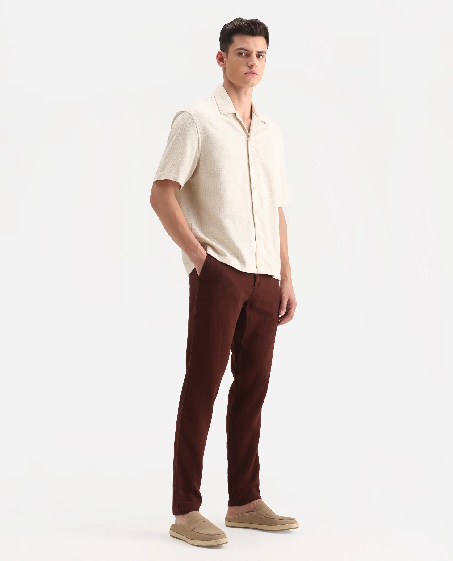 Rare Rabbit Men's Pastor-3 Rust Cotton Plain Regular Fit Trouser - Image 6