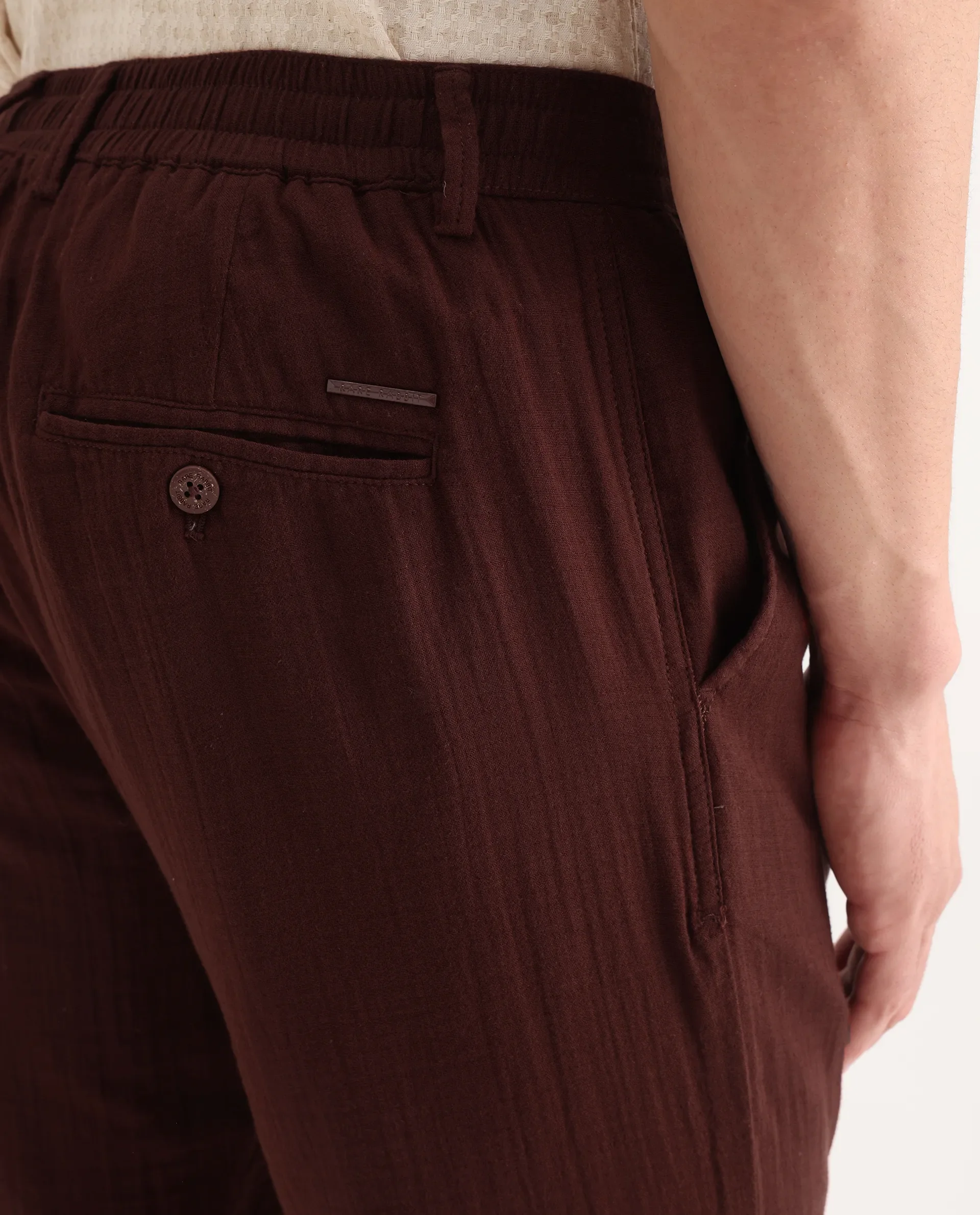 Rare Rabbit Men's Pastor-3 Rust Cotton Plain Regular Fit Trouser - Image 7