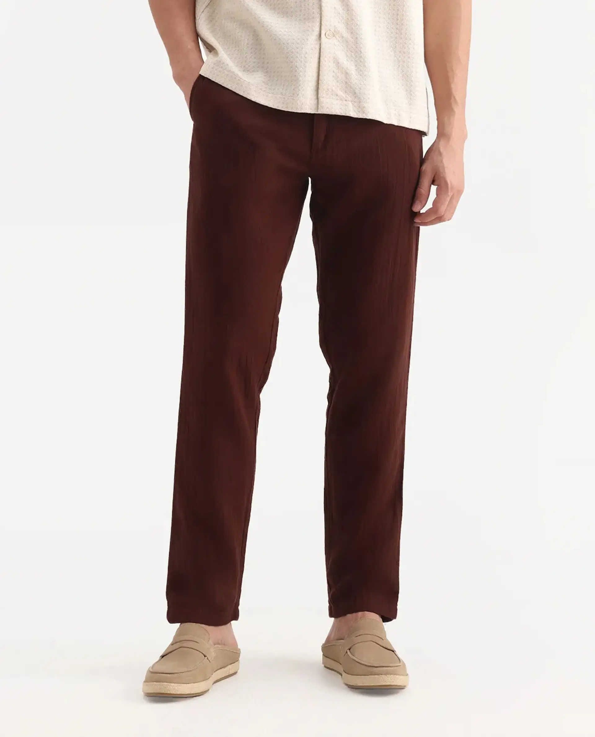 Rare Rabbit Men's Pastor-3 Rust Cotton Plain Regular Fit Trouser - Image 9