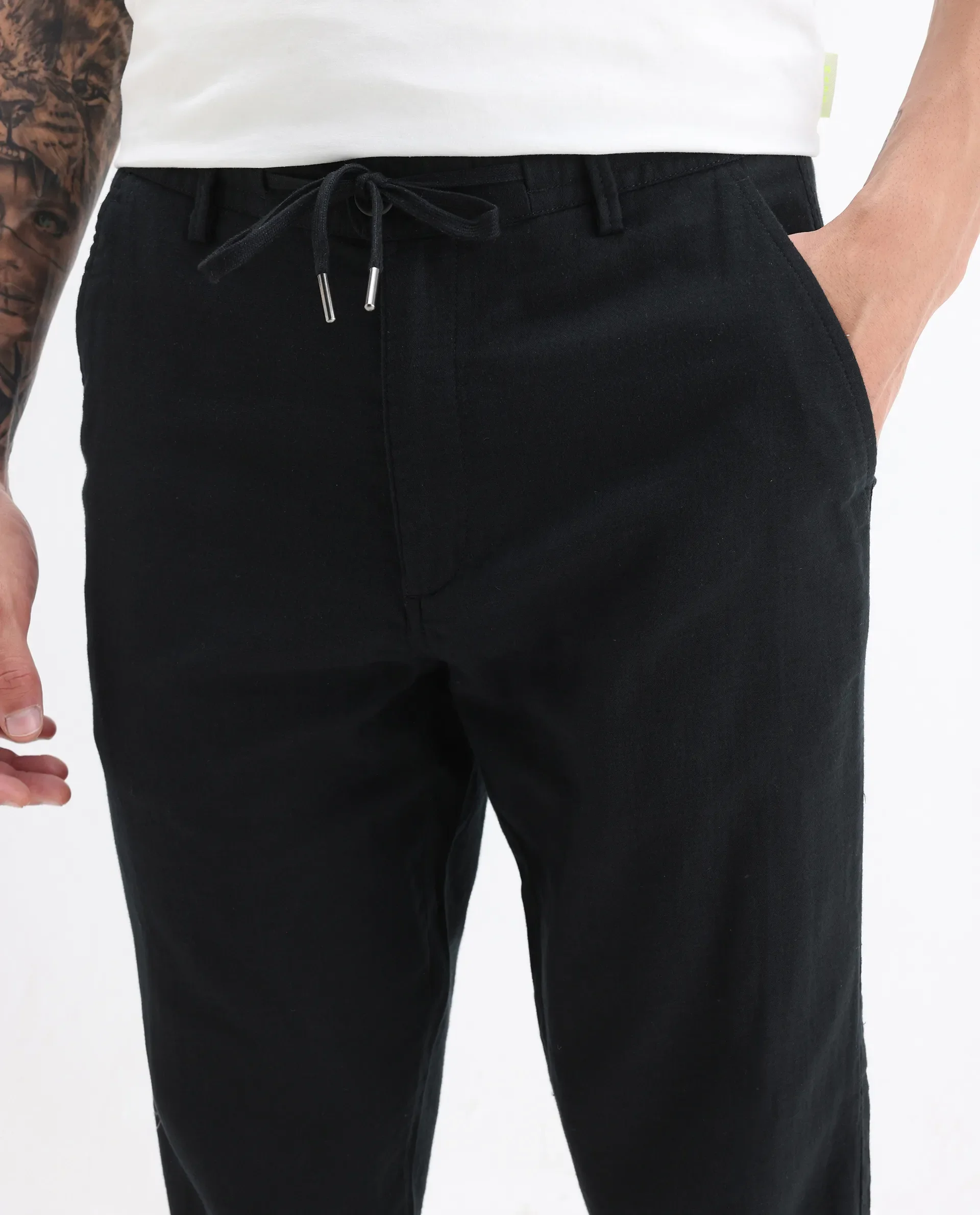 Rare Rabbit Men's Pastor-Aw25 Black Cotton Plain Regular Fit Trouser - Image 4