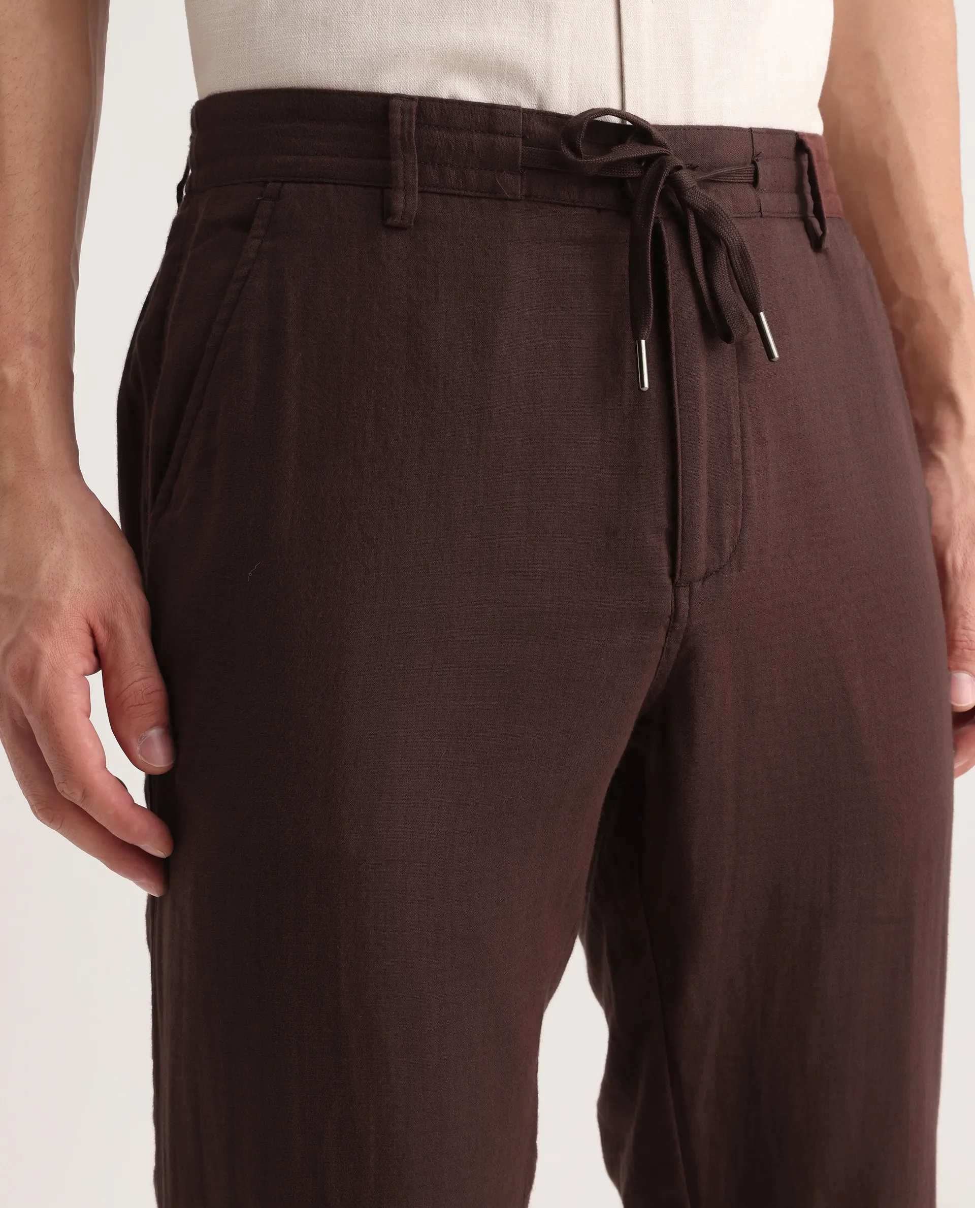 Rare Rabbit Men's Pastor-Aw25 Dark Brown Cotton Plain Regular Fit Trouser - Image 3