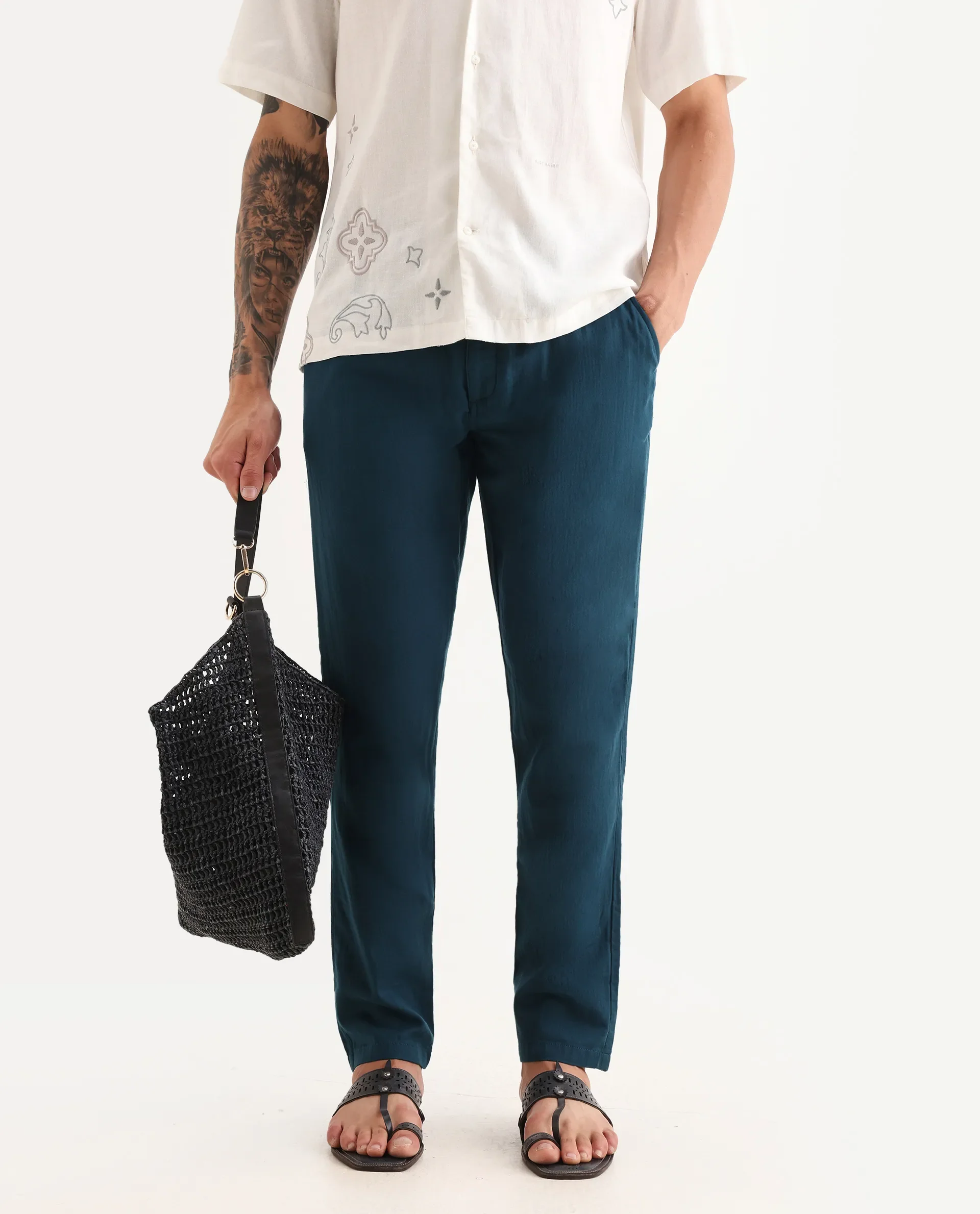 Rare Rabbit Men's Pastor-Aw25 Dark Teal Cotton Plain Regular Fit Trouser - Image 2