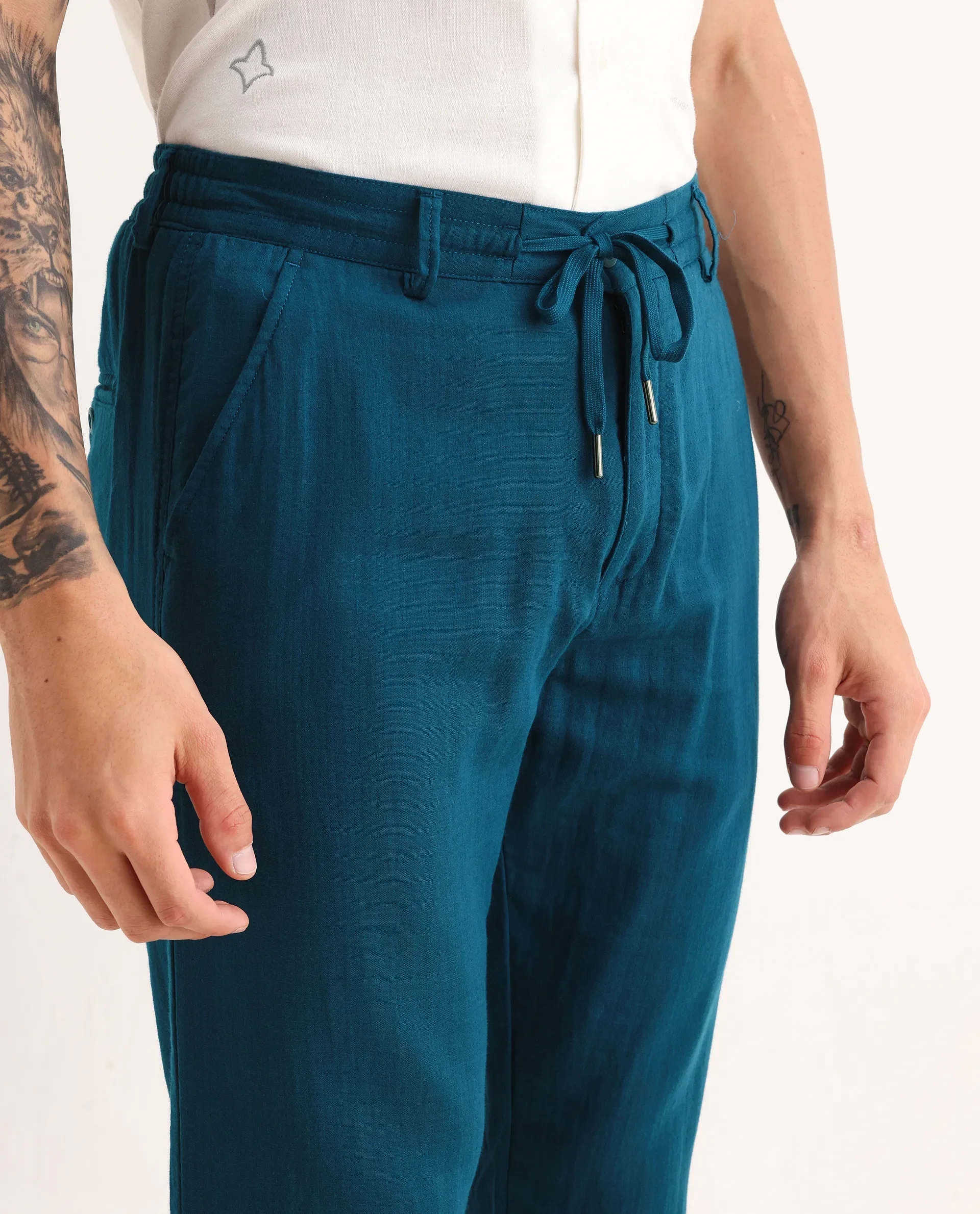 Rare Rabbit Men's Pastor-Aw25 Dark Teal Cotton Plain Regular Fit Trouser - Image 3