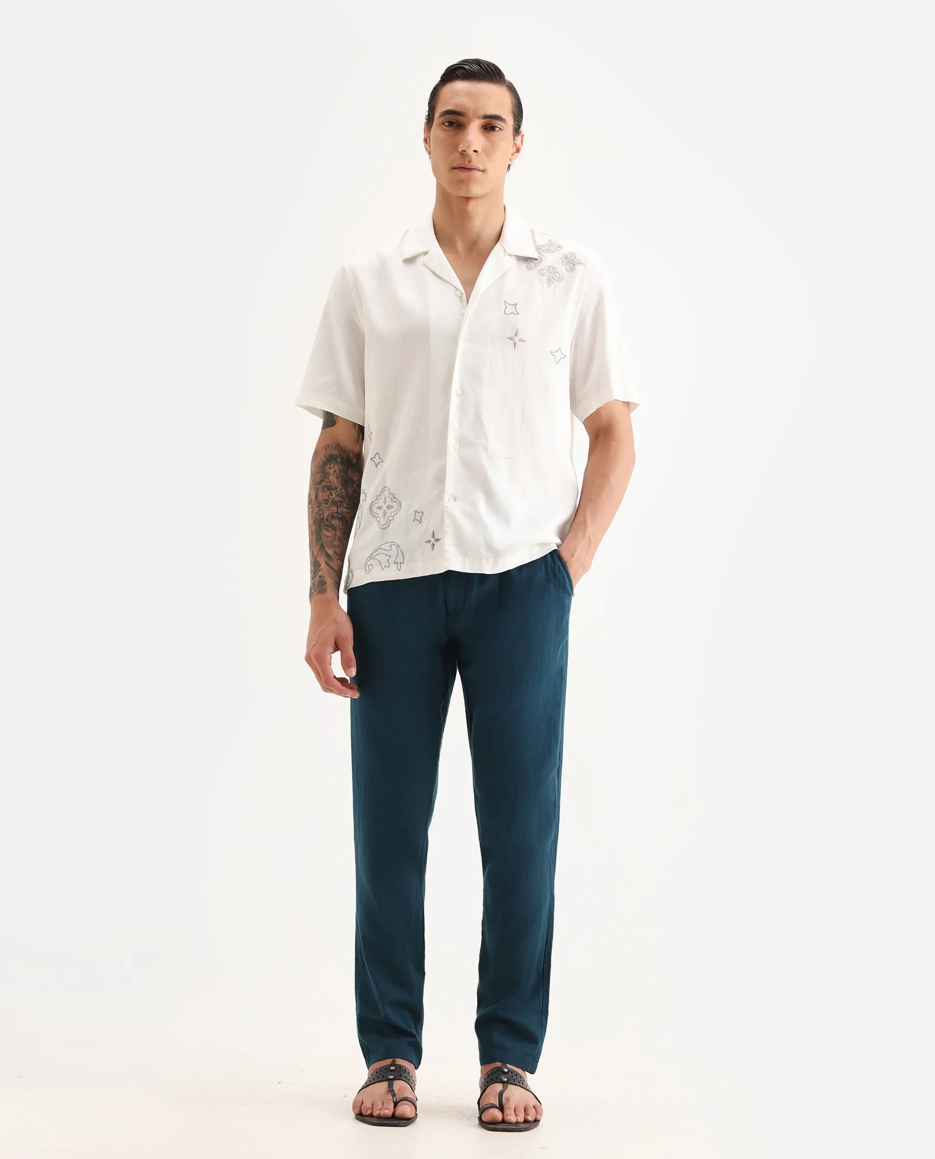 Rare Rabbit Men's Pastor-Aw25 Dark Teal Cotton Plain Regular Fit Trouser - Image 4