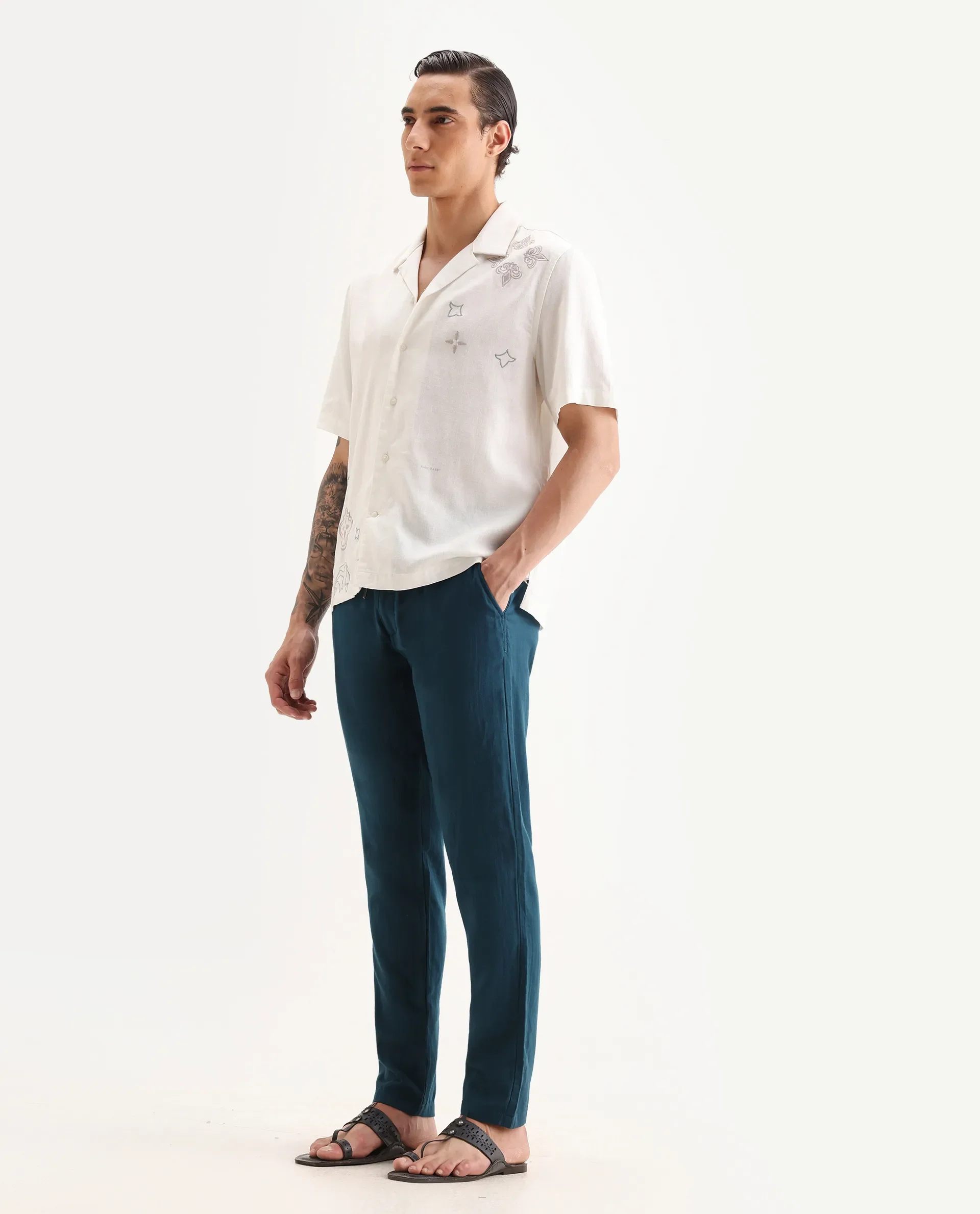 Rare Rabbit Men's Pastor-Aw25 Dark Teal Cotton Plain Regular Fit Trouser - Image 5