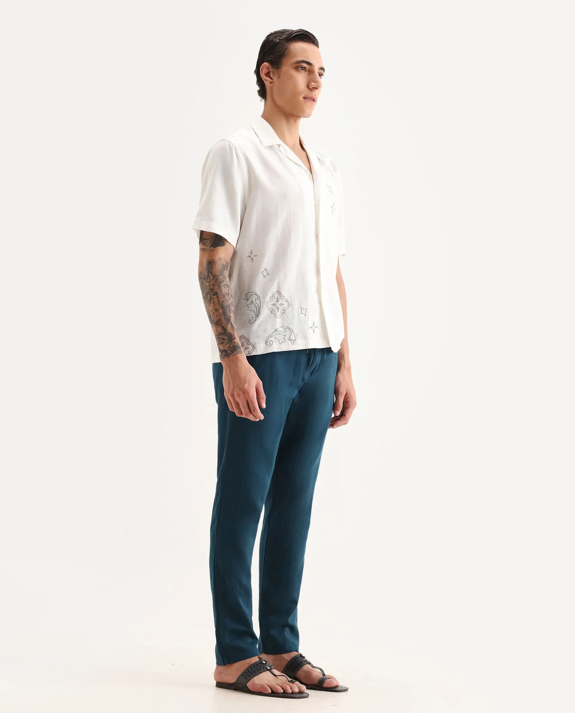 Rare Rabbit Men's Pastor-Aw25 Dark Teal Cotton Plain Regular Fit Trouser - Image 6