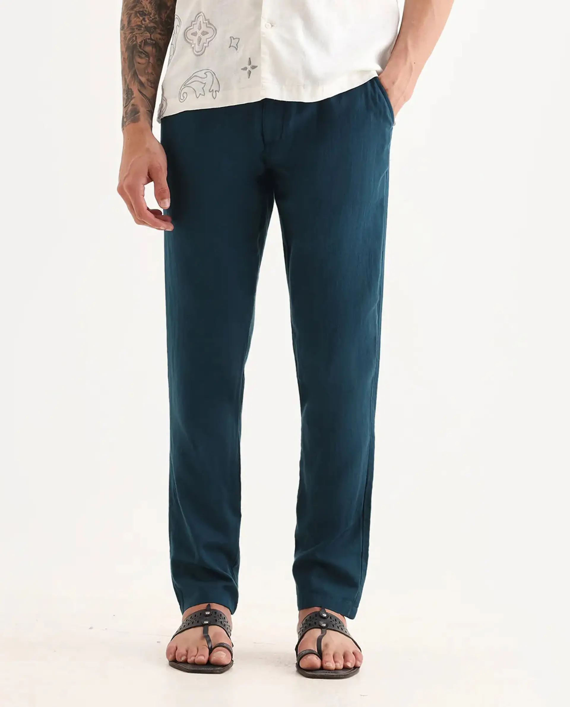 Rare Rabbit Men's Pastor-Aw25 Dark Teal Cotton Plain Regular Fit Trouser - Image 8