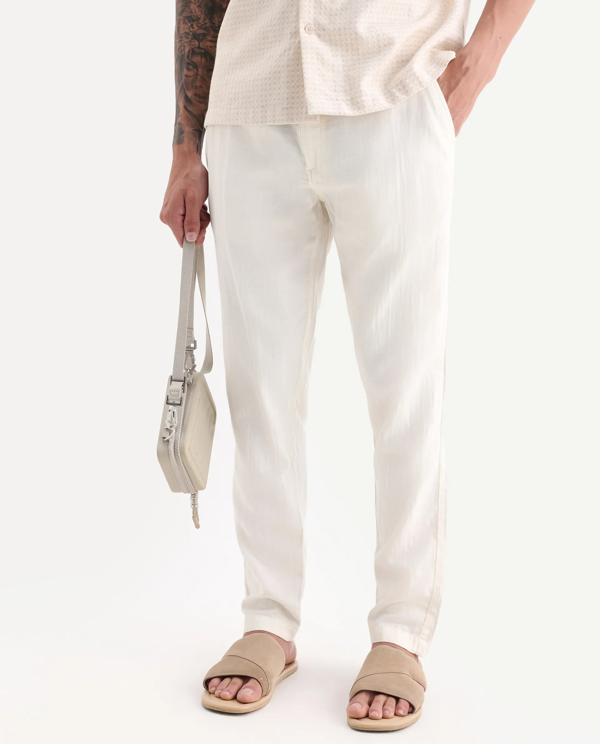 Rare Rabbit Men's Pastor-Aw25 Off White Cotton Plain Regular Fit Trouser - Image 2