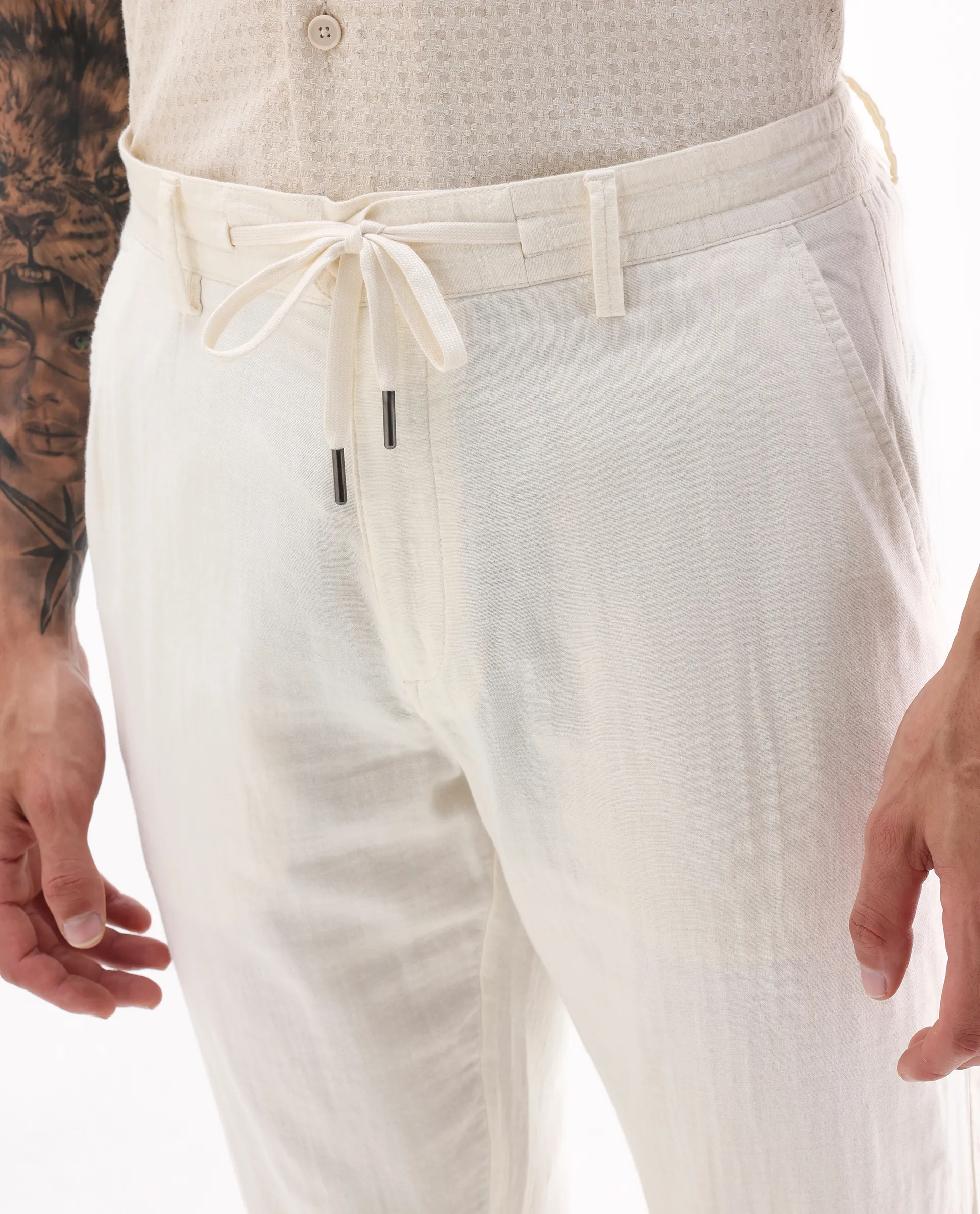 Rare Rabbit Men's Pastor-Aw25 Off White Cotton Plain Regular Fit Trouser - Image 3