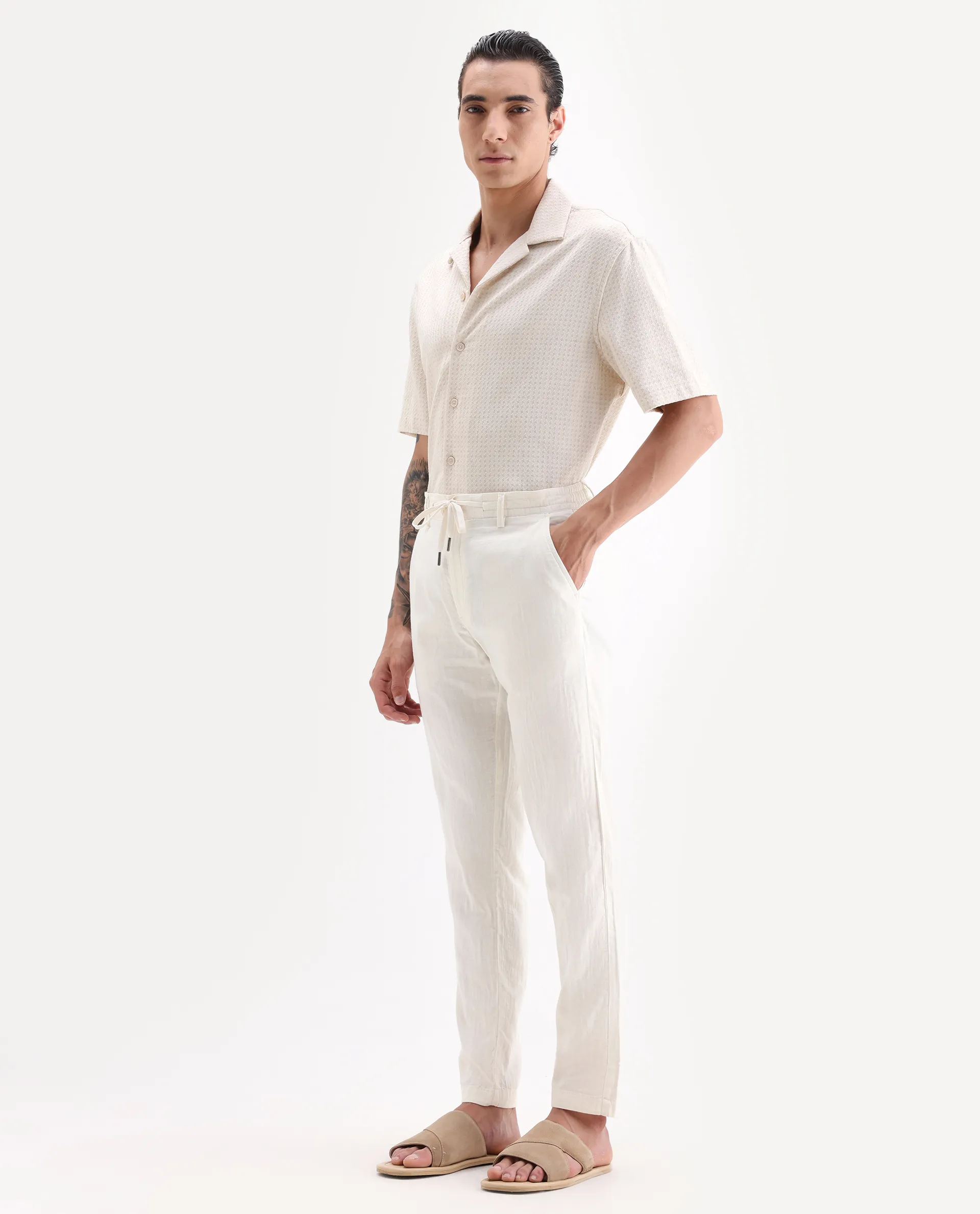 Rare Rabbit Men's Pastor-Aw25 Off White Cotton Plain Regular Fit Trouser - Image 4