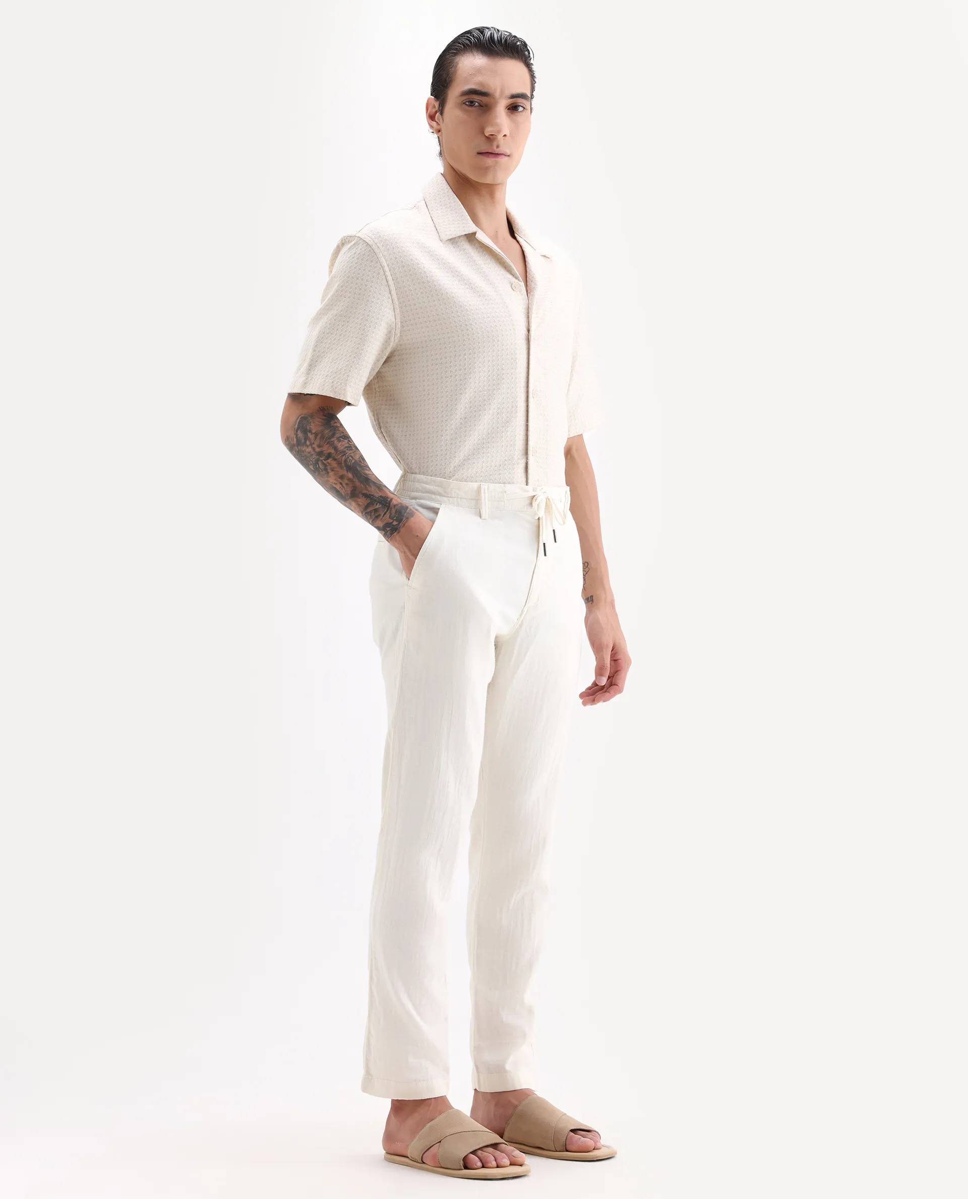 Rare Rabbit Men's Pastor-Aw25 Off White Cotton Plain Regular Fit Trouser - Image 5