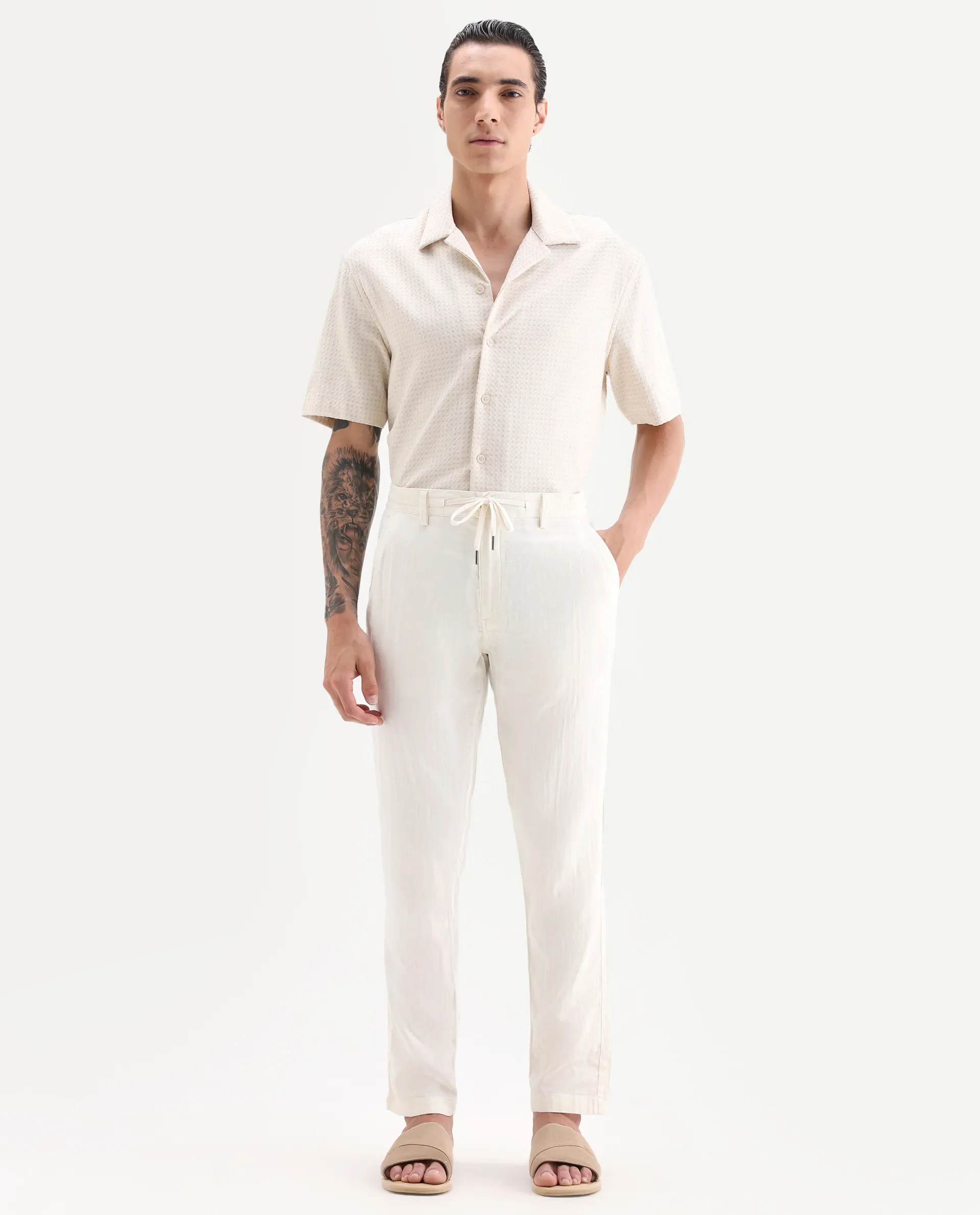 Rare Rabbit Men's Pastor-Aw25 Off White Cotton Plain Regular Fit Trouser - Image 6