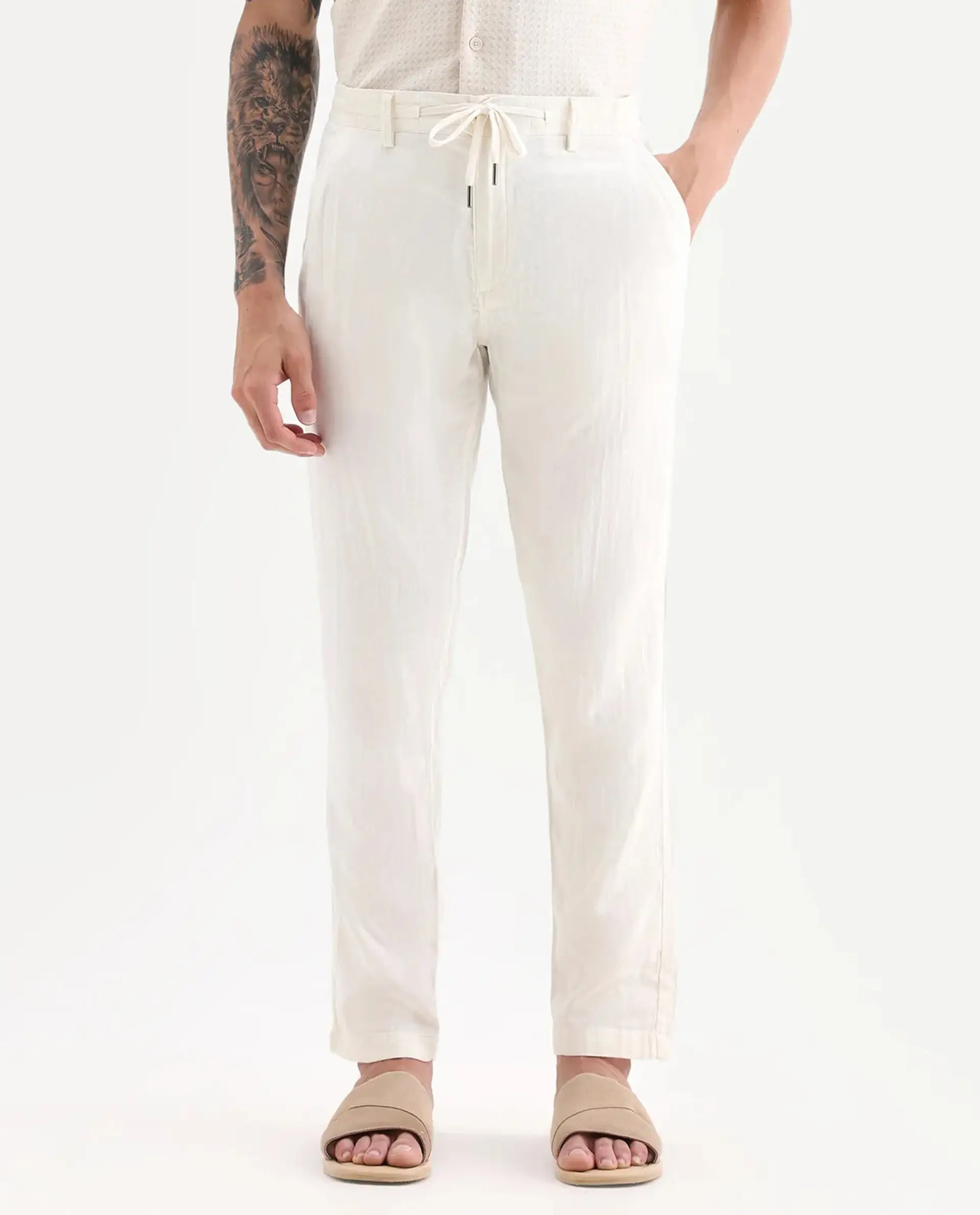 Rare Rabbit Men's Pastor-Aw25 Off White Cotton Plain Regular Fit Trouser - Image 9