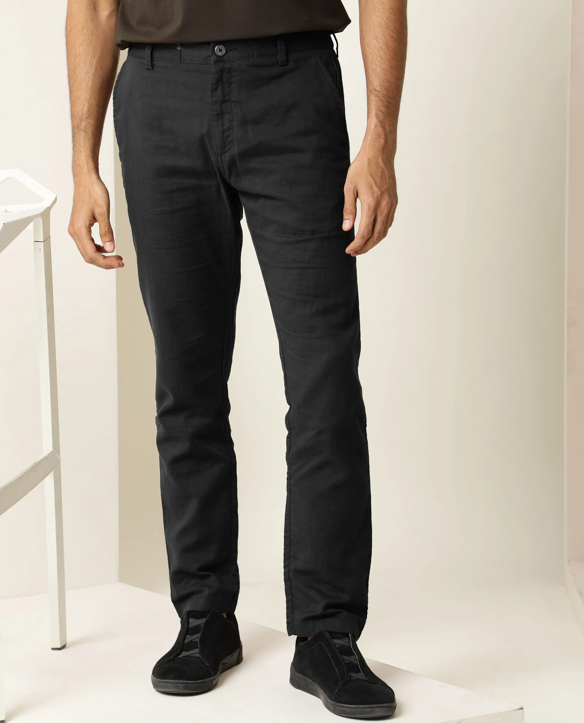 Rare Rabbit Men's Pastor Black Plain Regular Fit Trouser - Image 3