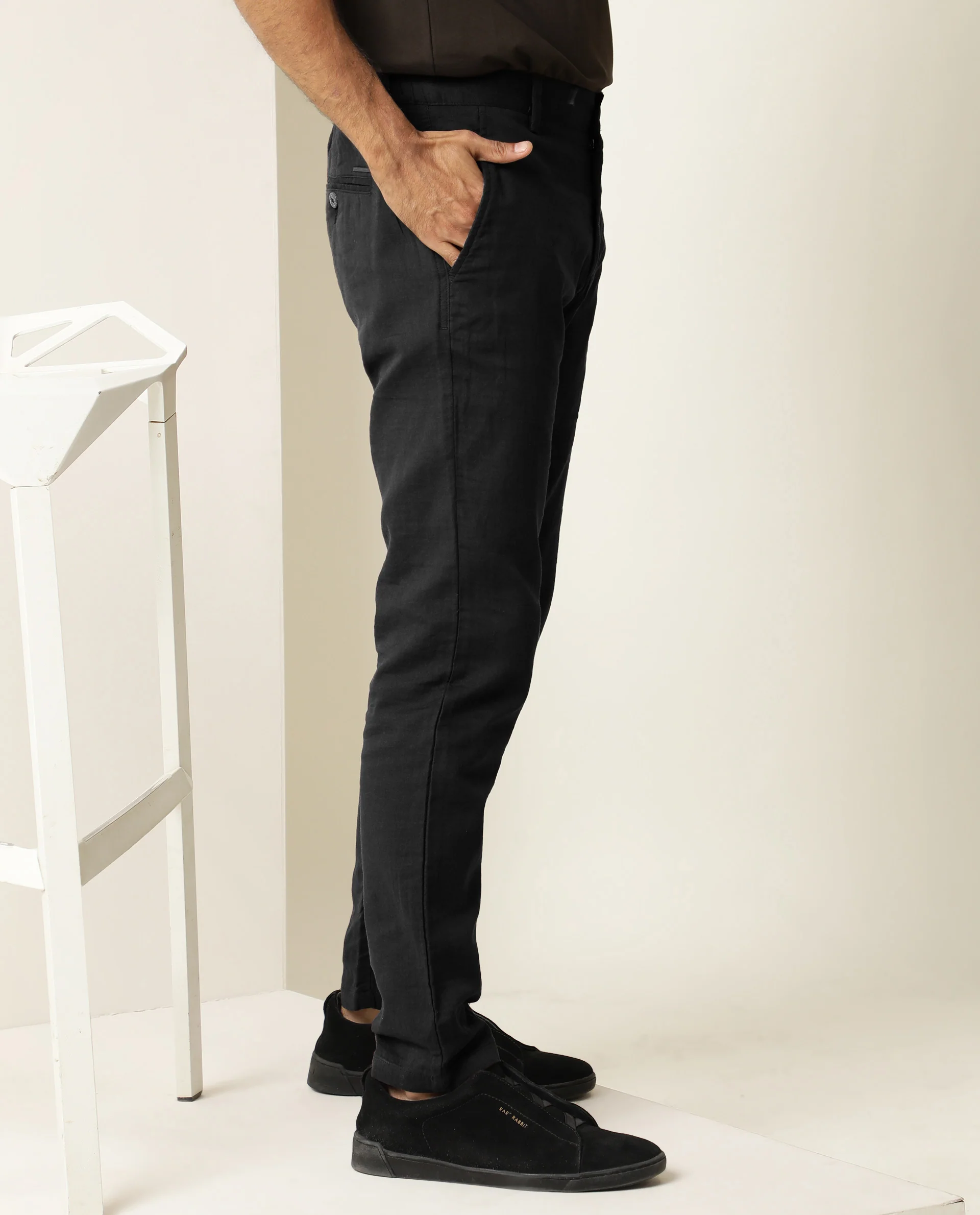 Rare Rabbit Men's Pastor Black Plain Regular Fit Trouser - Image 4