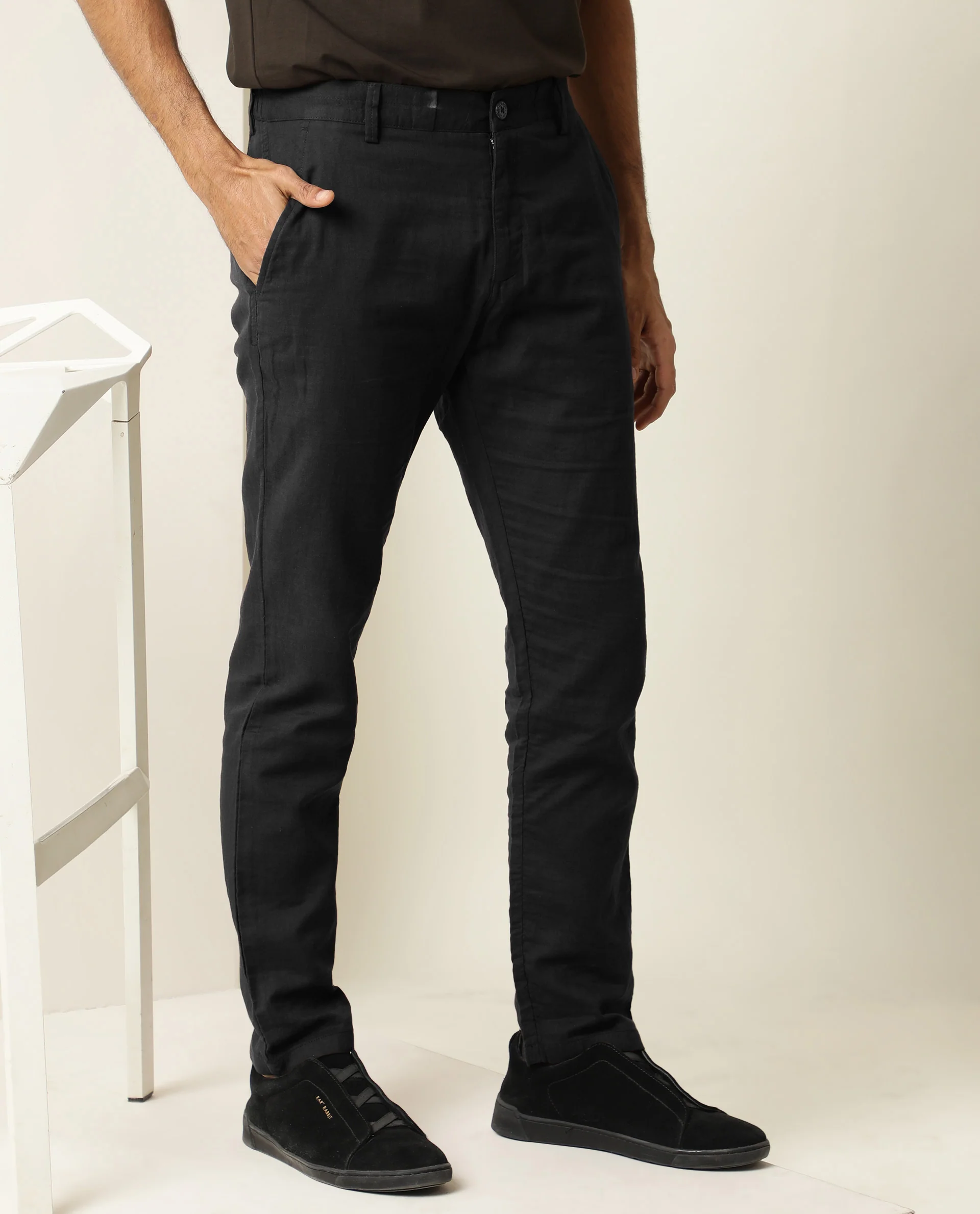 Rare Rabbit Men's Pastor Black Plain Regular Fit Trouser - Image 5