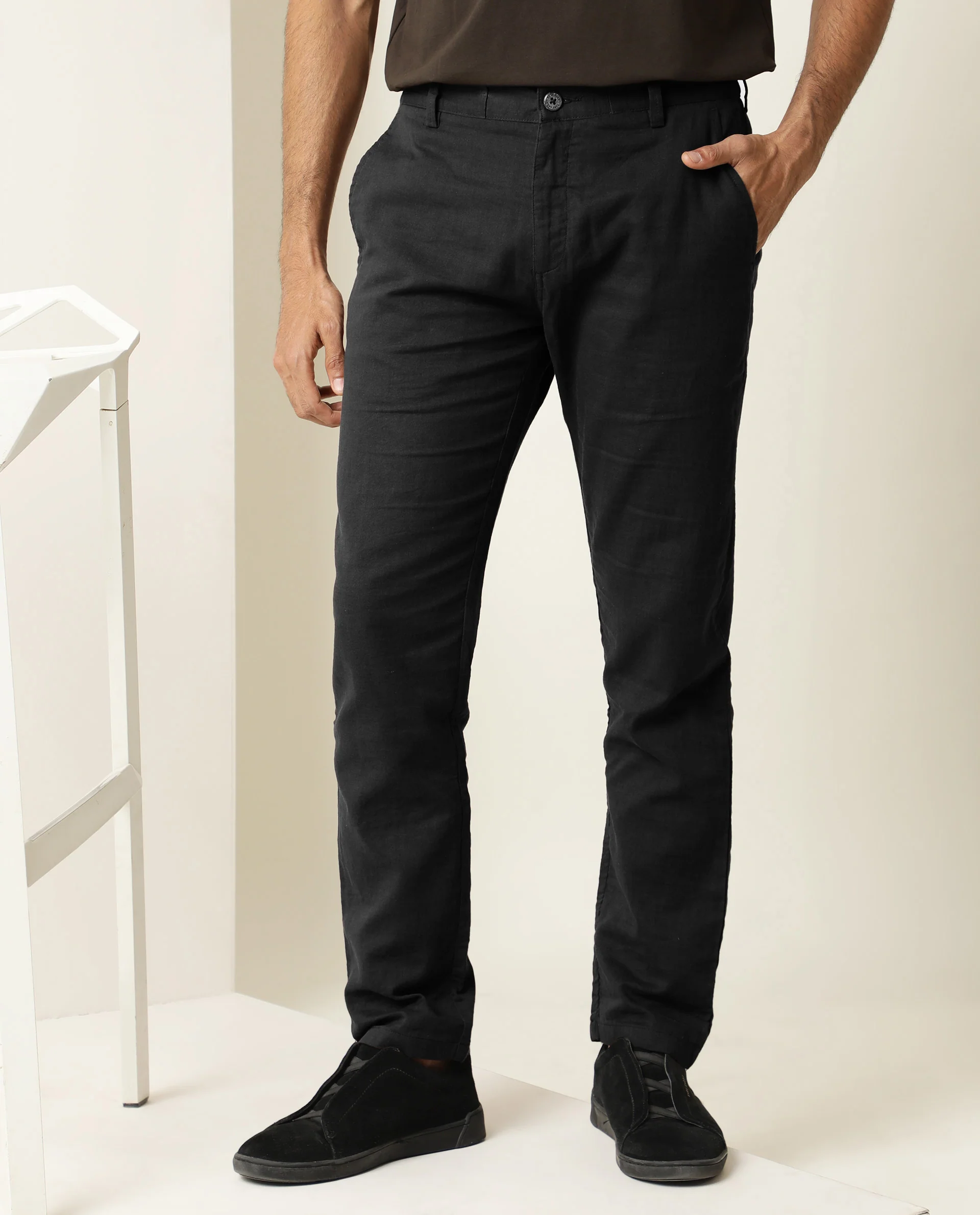 Rare Rabbit Men's Pastor Black Plain Regular Fit Trouser - Image 6