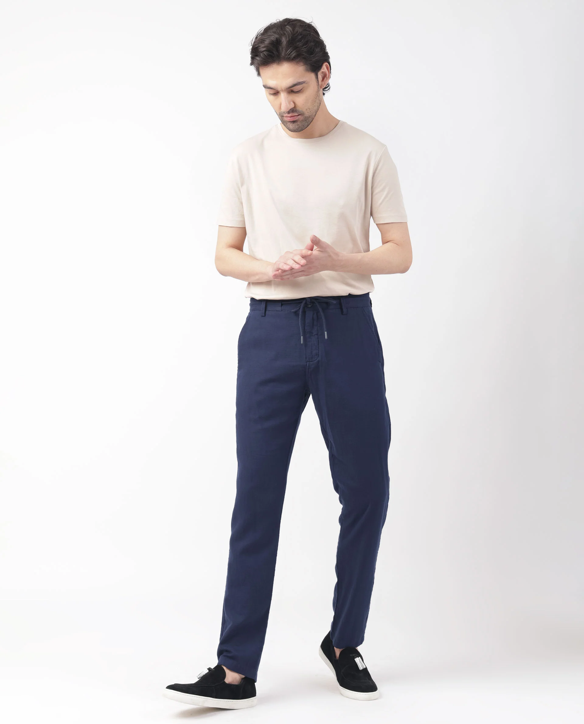 Rare Rabbit Men's Pastor Dark Blue Cotton Plain Regular Fit Trouser - Image 12