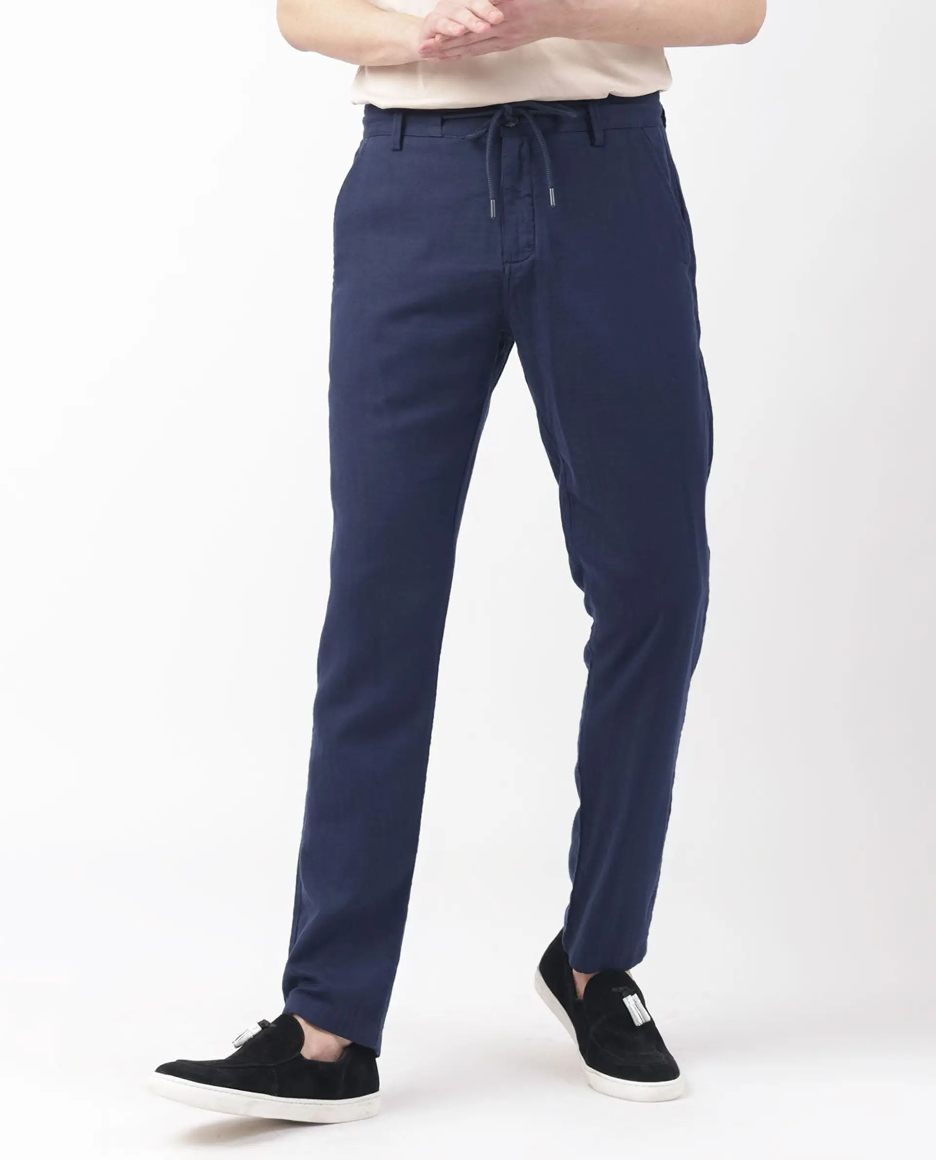 Rare Rabbit Men's Pastor Dark Blue Cotton Plain Regular Fit Trouser - Image 13
