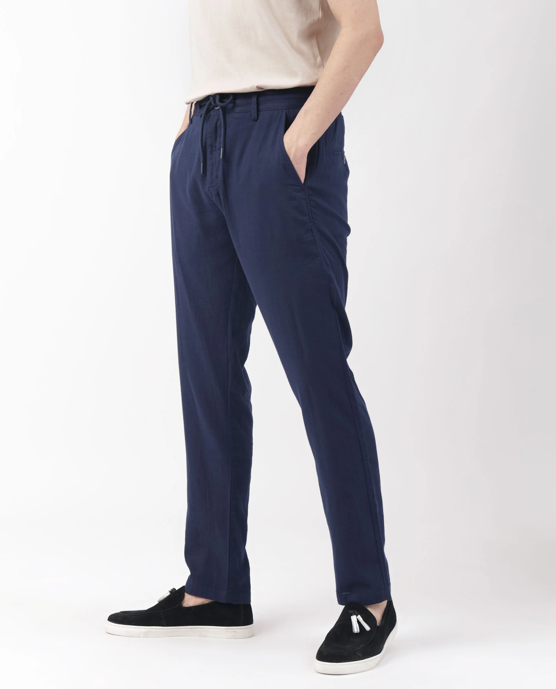 Rare Rabbit Men's Pastor Dark Blue Cotton Plain Regular Fit Trouser - Image 4