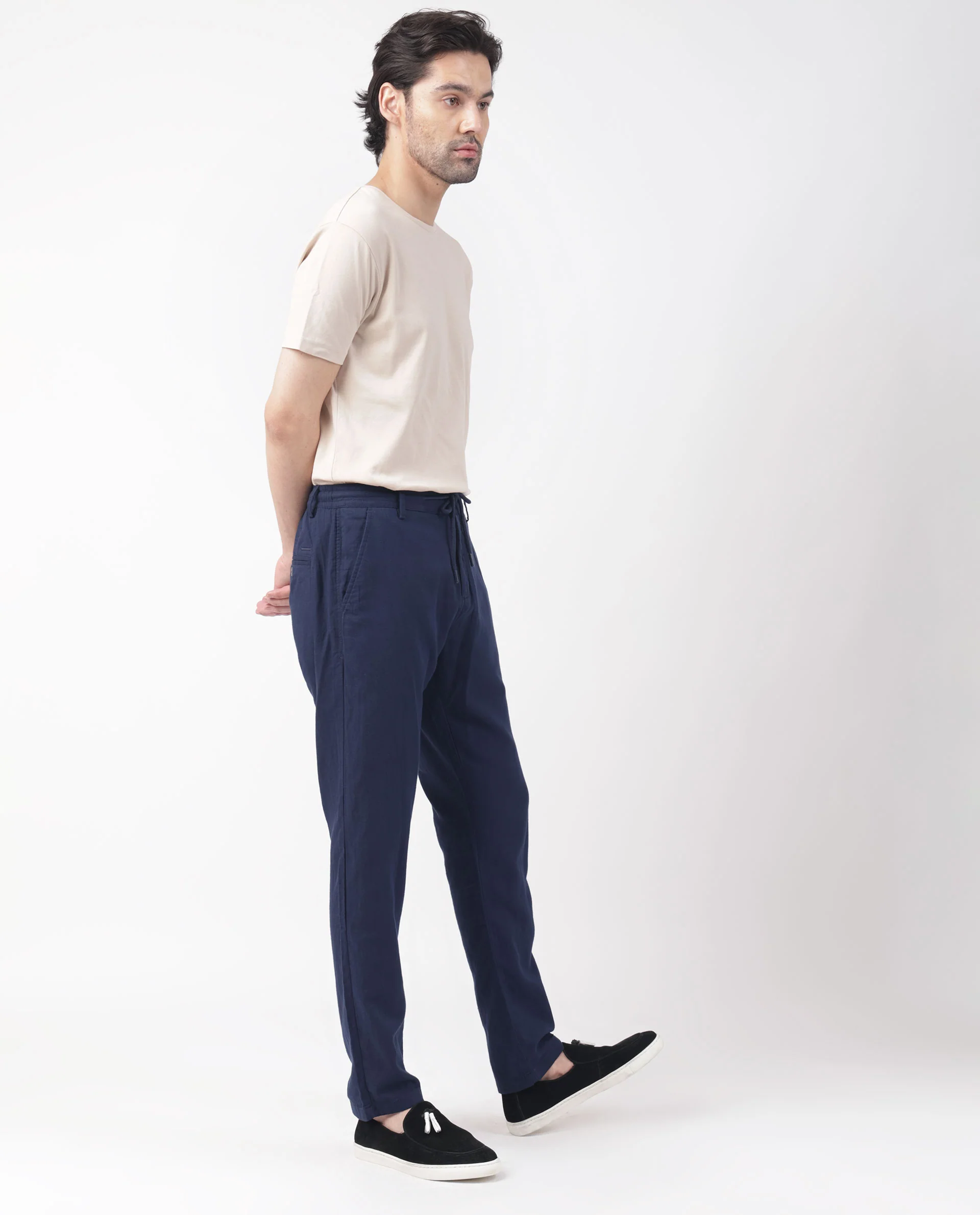 Rare Rabbit Men's Pastor Dark Blue Cotton Plain Regular Fit Trouser - Image 7