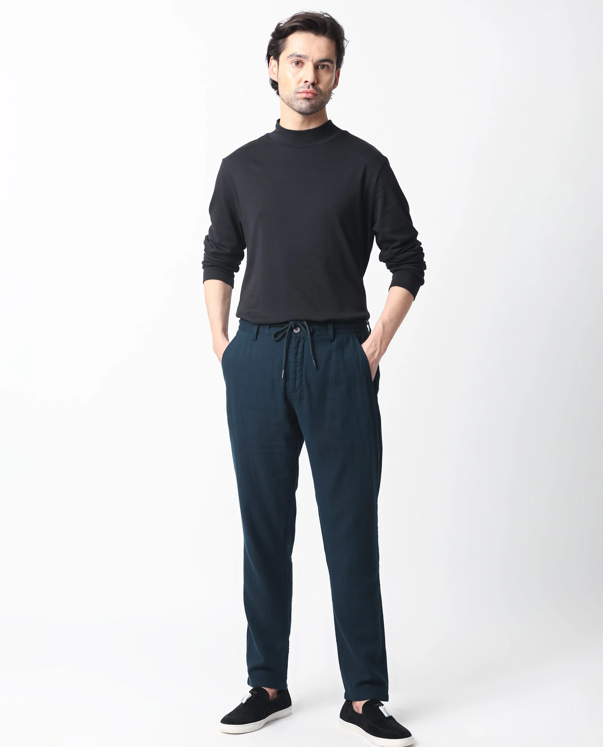 Rare Rabbit Men's Pastor Dark Petrol Cotton Plain Regular Fit Trouser - Image 2