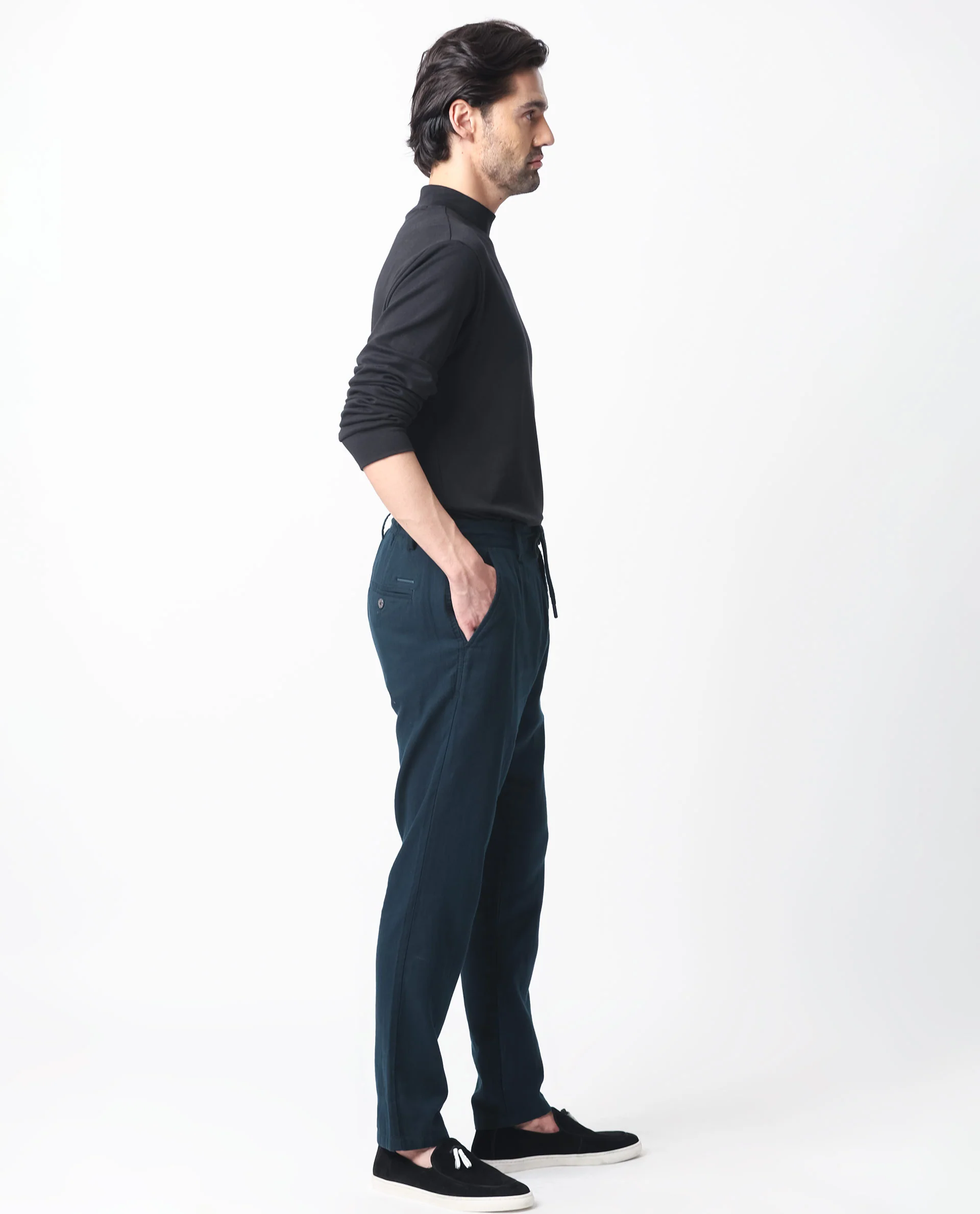 Rare Rabbit Men's Pastor Dark Petrol Cotton Plain Regular Fit Trouser - Image 4