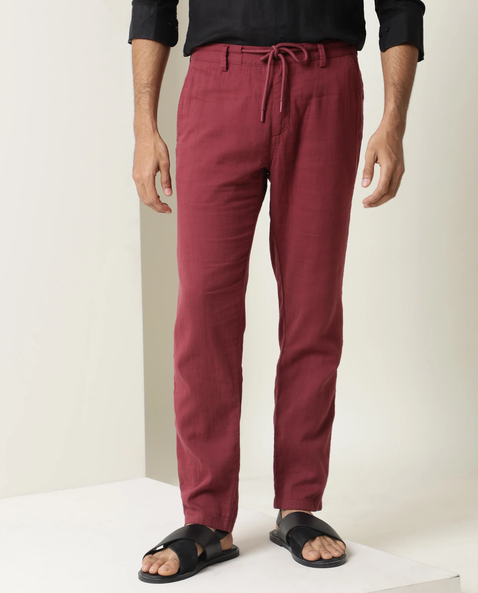 Rare Rabbit Men's Pastor Dark Red Cotton Plain Regular Fit Trouser - Image 2