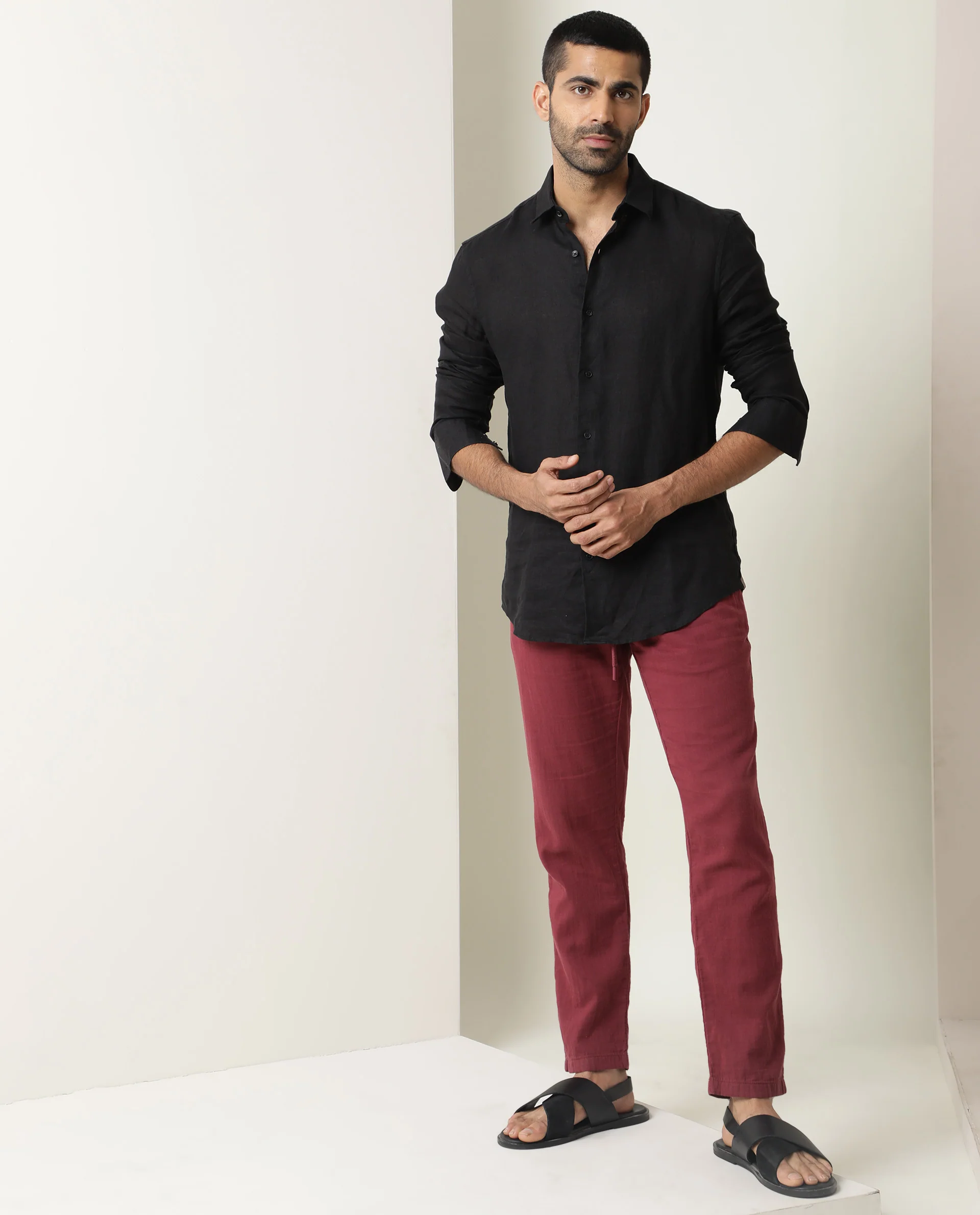 Rare Rabbit Men's Pastor Dark Red Cotton Plain Regular Fit Trouser - Image 3