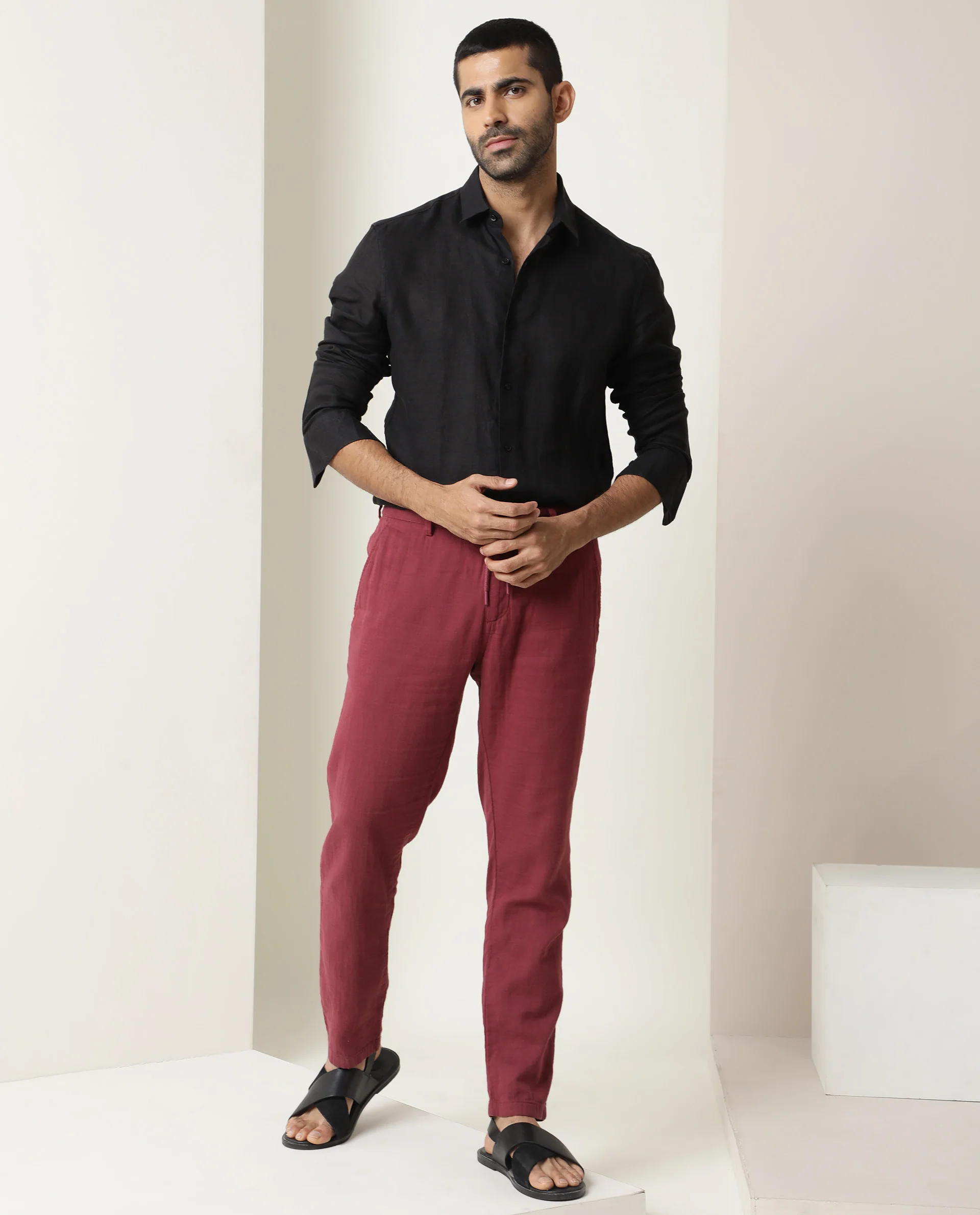 Rare Rabbit Men's Pastor Dark Red Cotton Plain Regular Fit Trouser - Image 4