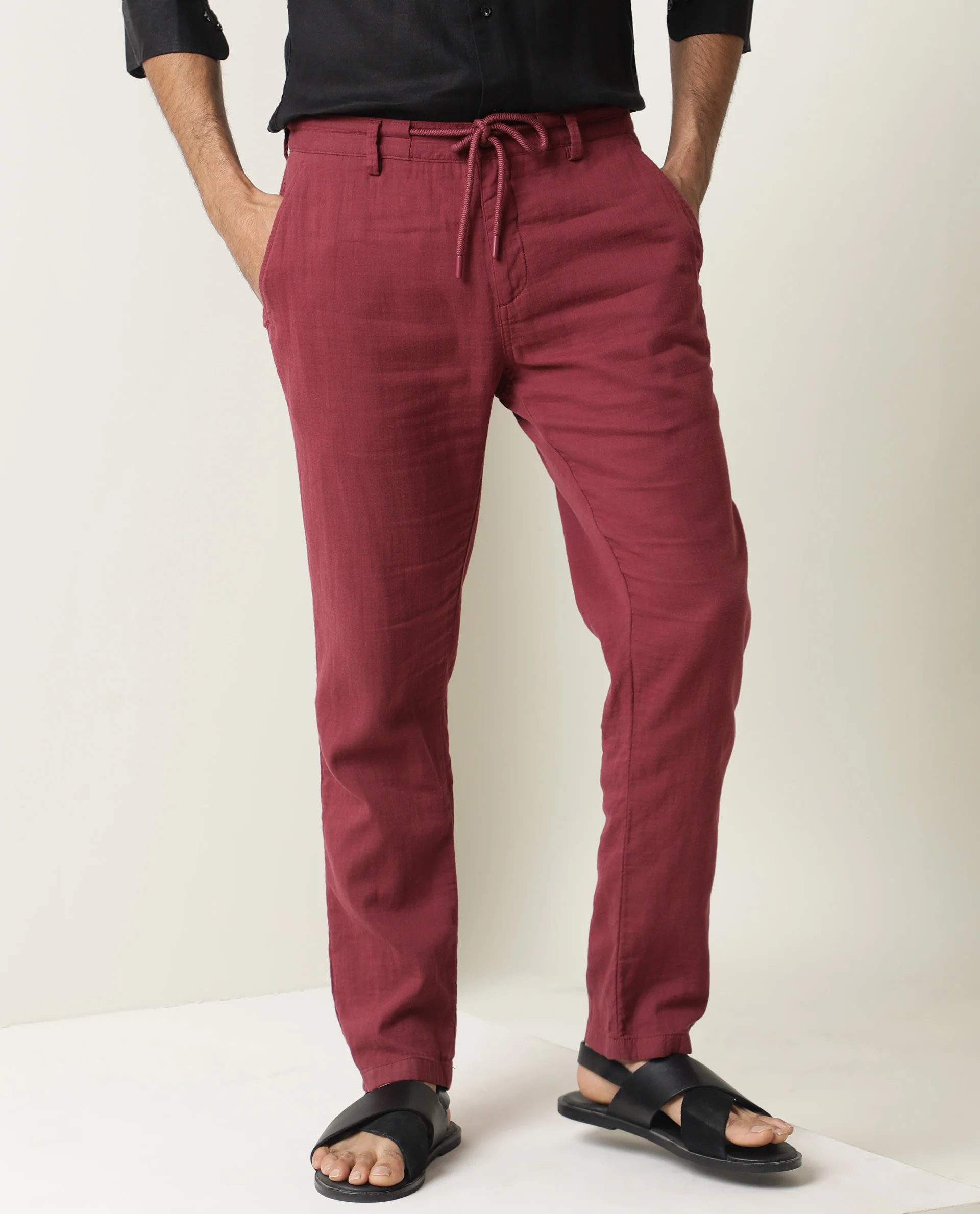 Rare Rabbit Men's Pastor Dark Red Cotton Plain Regular Fit Trouser - Image 5