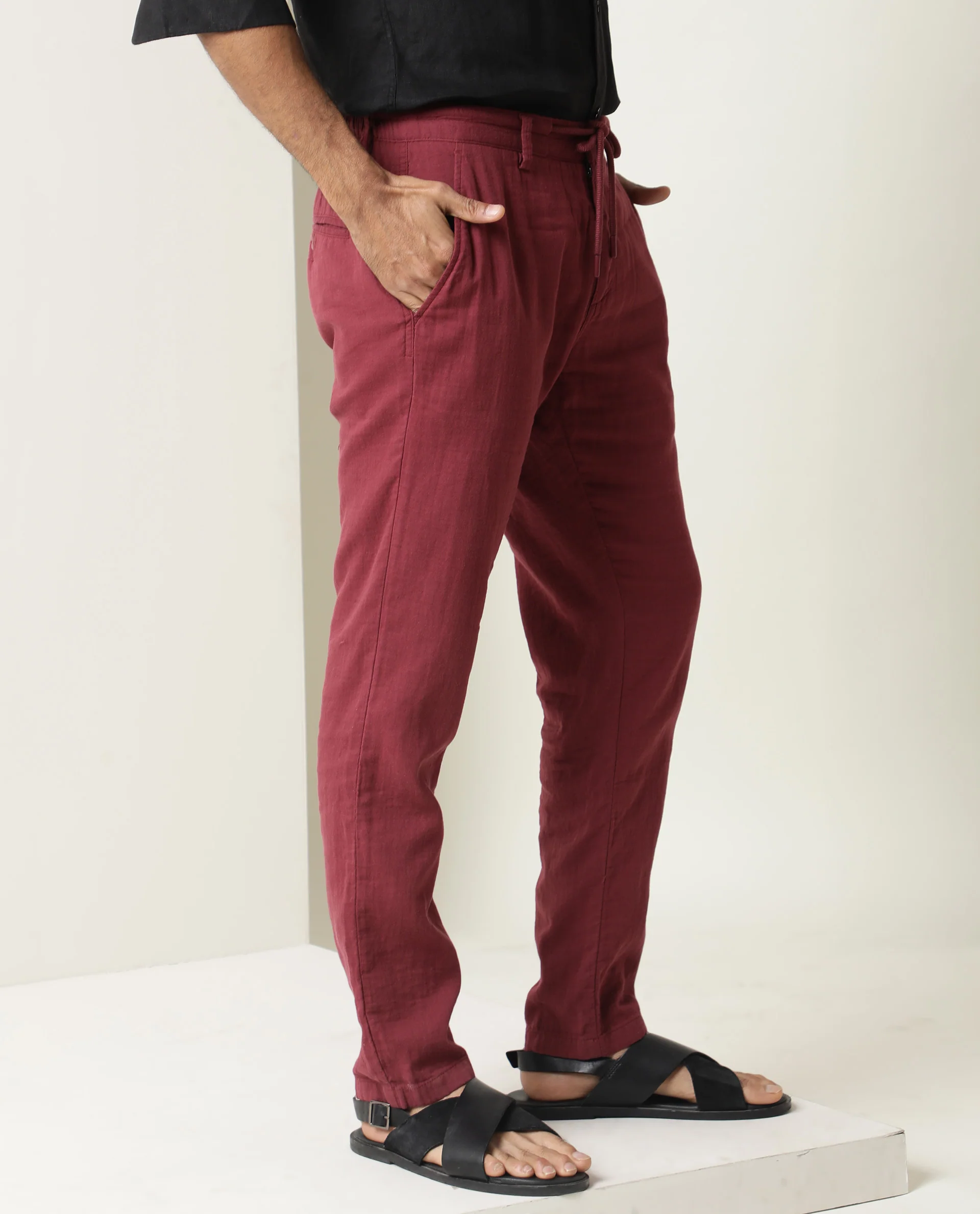 Rare Rabbit Men's Pastor Dark Red Cotton Plain Regular Fit Trouser - Image 6