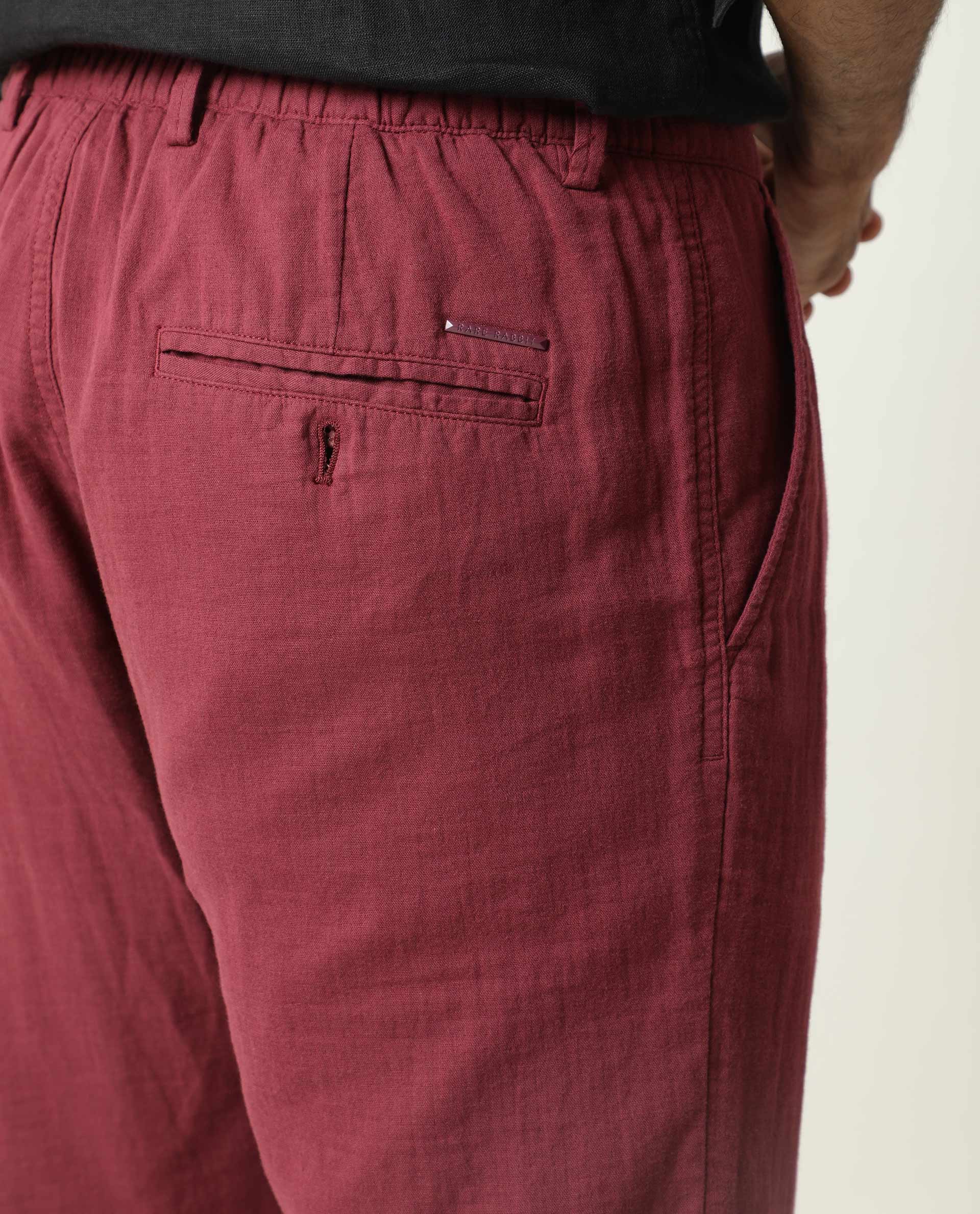 Rare Rabbit Men's Pastor Dark Red Cotton Plain Regular Fit Trouser - Image 7