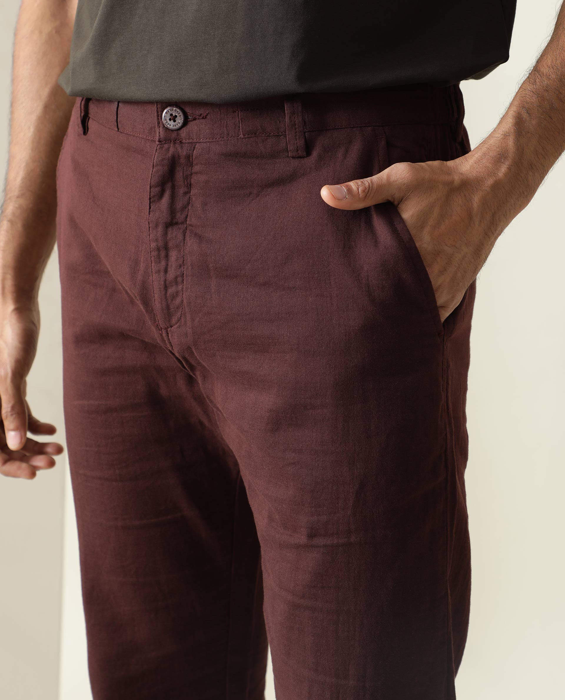 Rare Rabbit Men's Pastor Maroon Cotton Plain Regular Fit Trouser