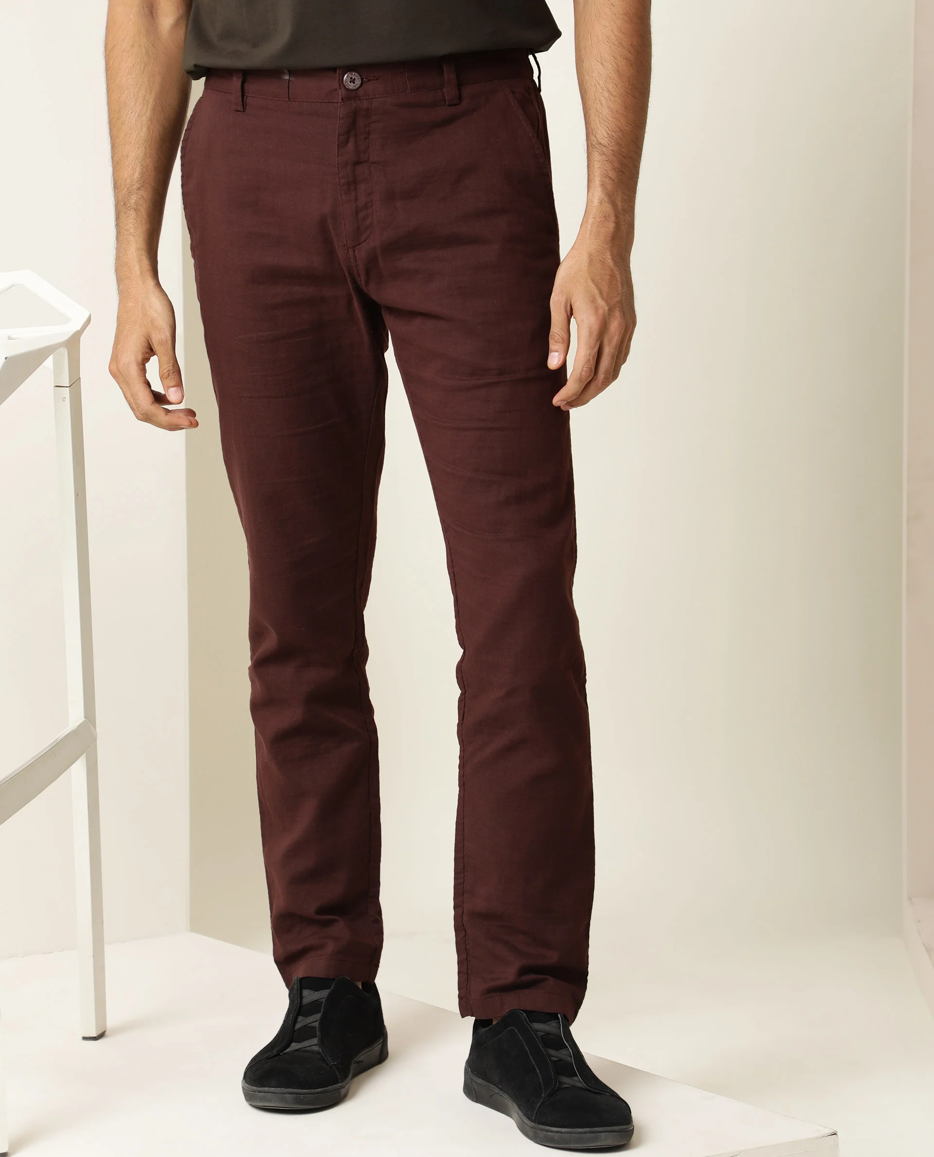 Rare Rabbit Men's Pastor Maroon Cotton Plain Regular Fit Trouser - Image 3