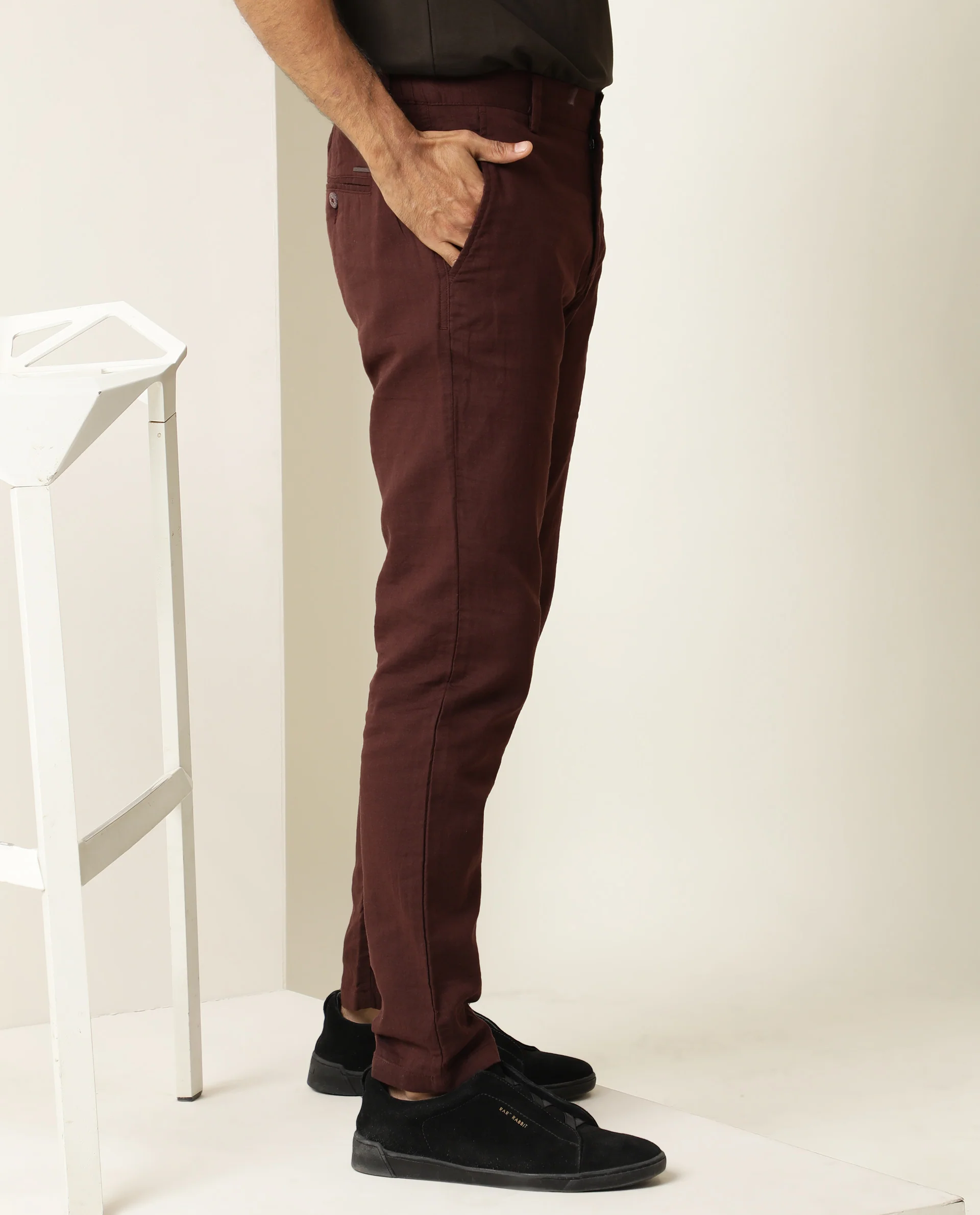 Rare Rabbit Men's Pastor Maroon Cotton Plain Regular Fit Trouser - Image 4