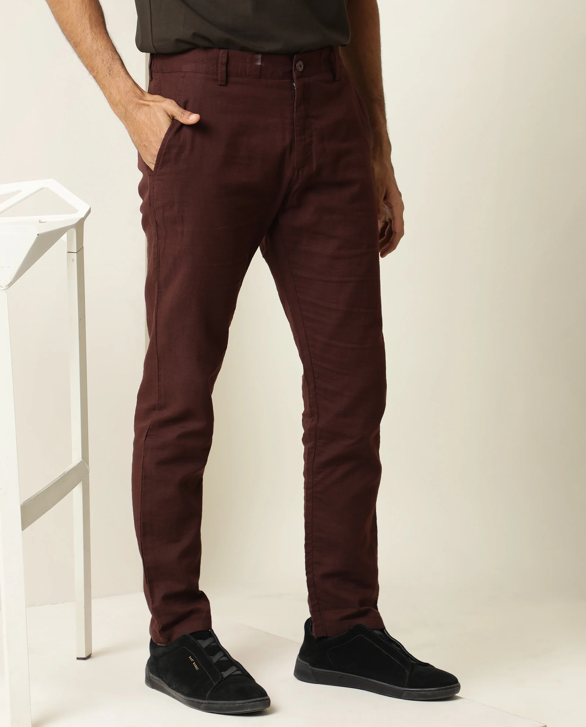 Rare Rabbit Men's Pastor Maroon Cotton Plain Regular Fit Trouser - Image 5