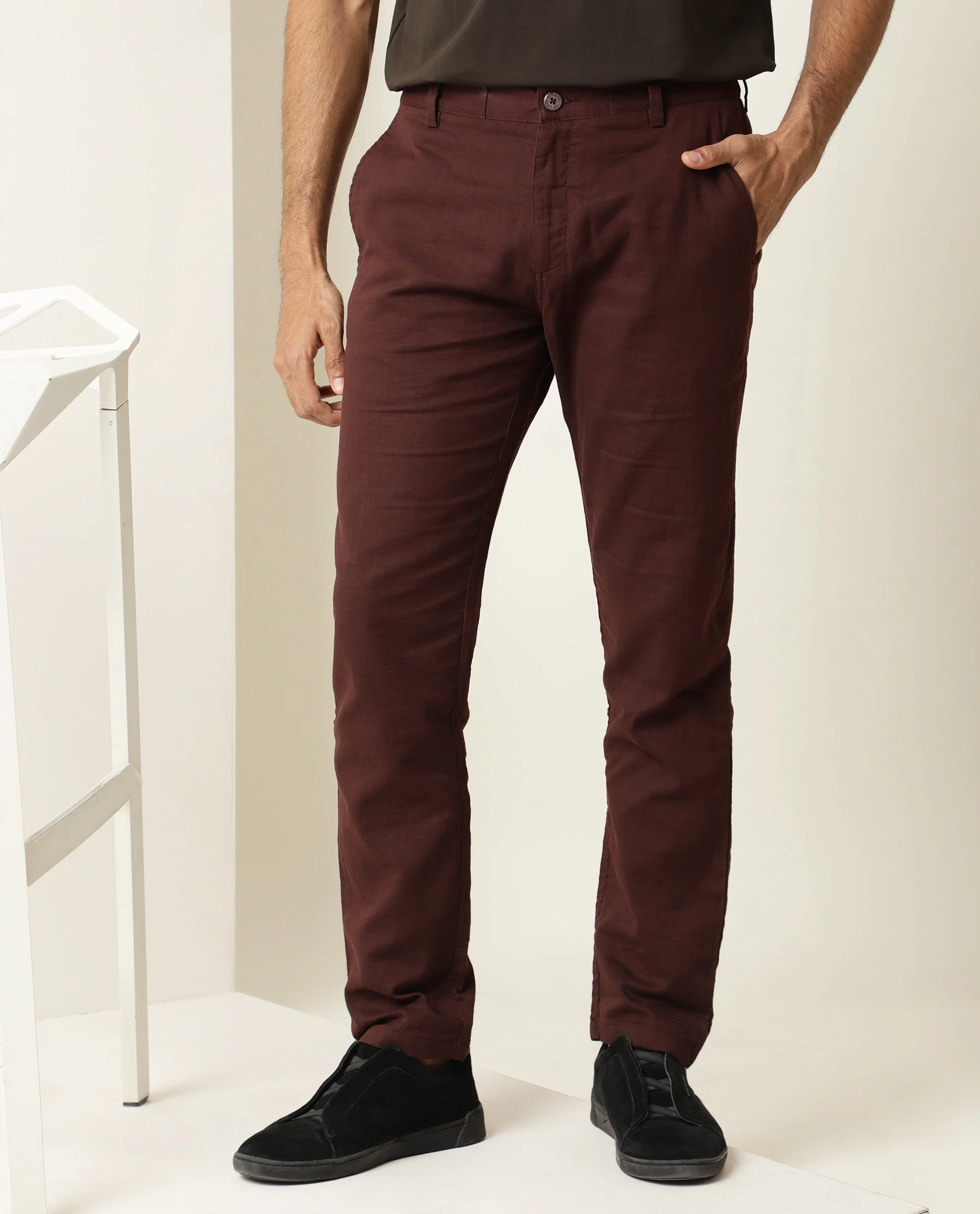 Rare Rabbit Men's Pastor Maroon Cotton Plain Regular Fit Trouser - Image 6