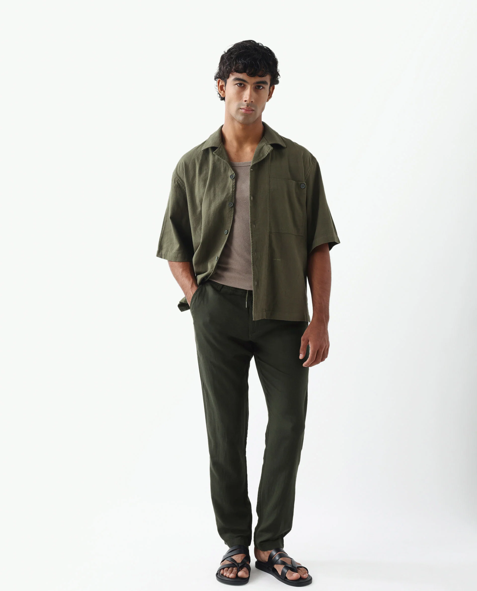 Rare Rabbit Men's Pastor Olive Linen Blend Plain Regular Fit Trouser