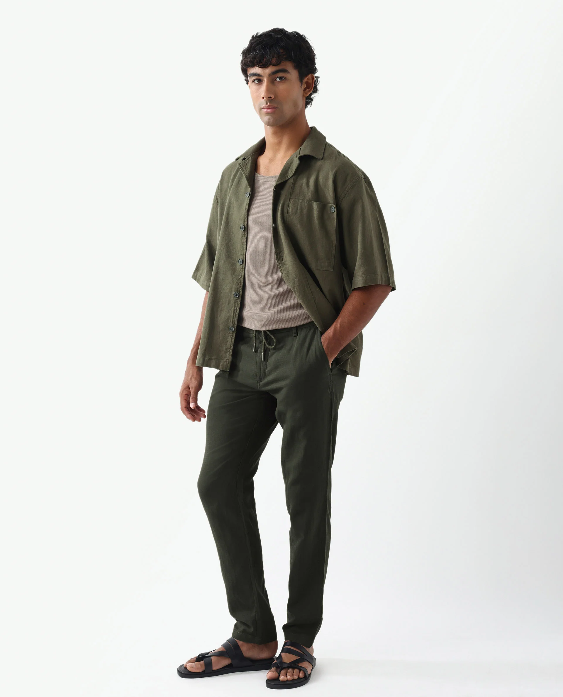 Rare Rabbit Men's Pastor Olive Linen Blend Plain Regular Fit Trouser - Image 4