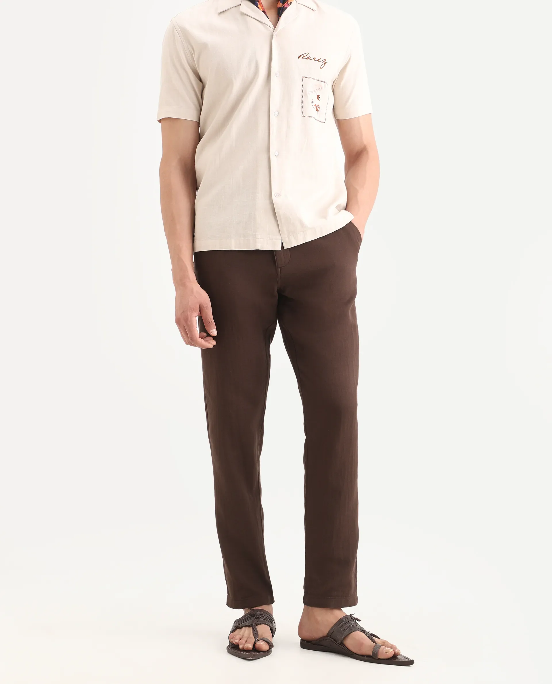 Rare Rabbit Men's Pastor-Ss26 Brown Cotton Fabric Regular Fit Drawstring Plain Trouser - Image 3