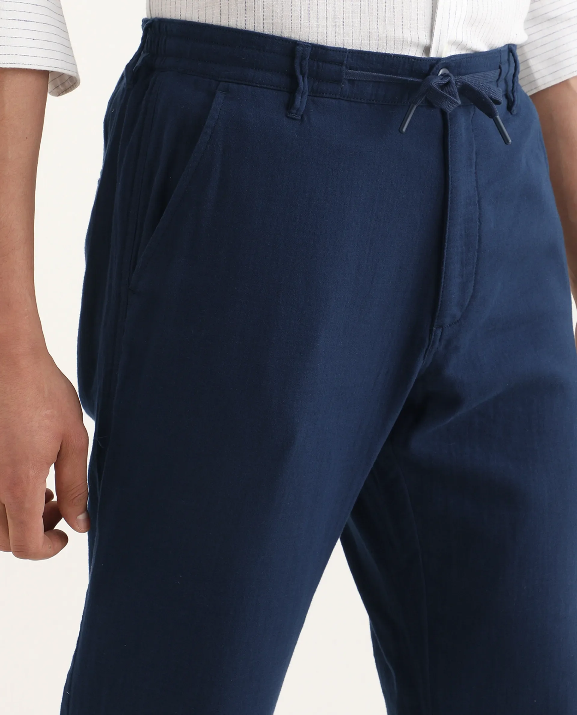 Rare Rabbit Men's Pastor-Ss26 Dark Blue Cotton Fabric Regular Fit Drawstring Plain Trouser - Image 4