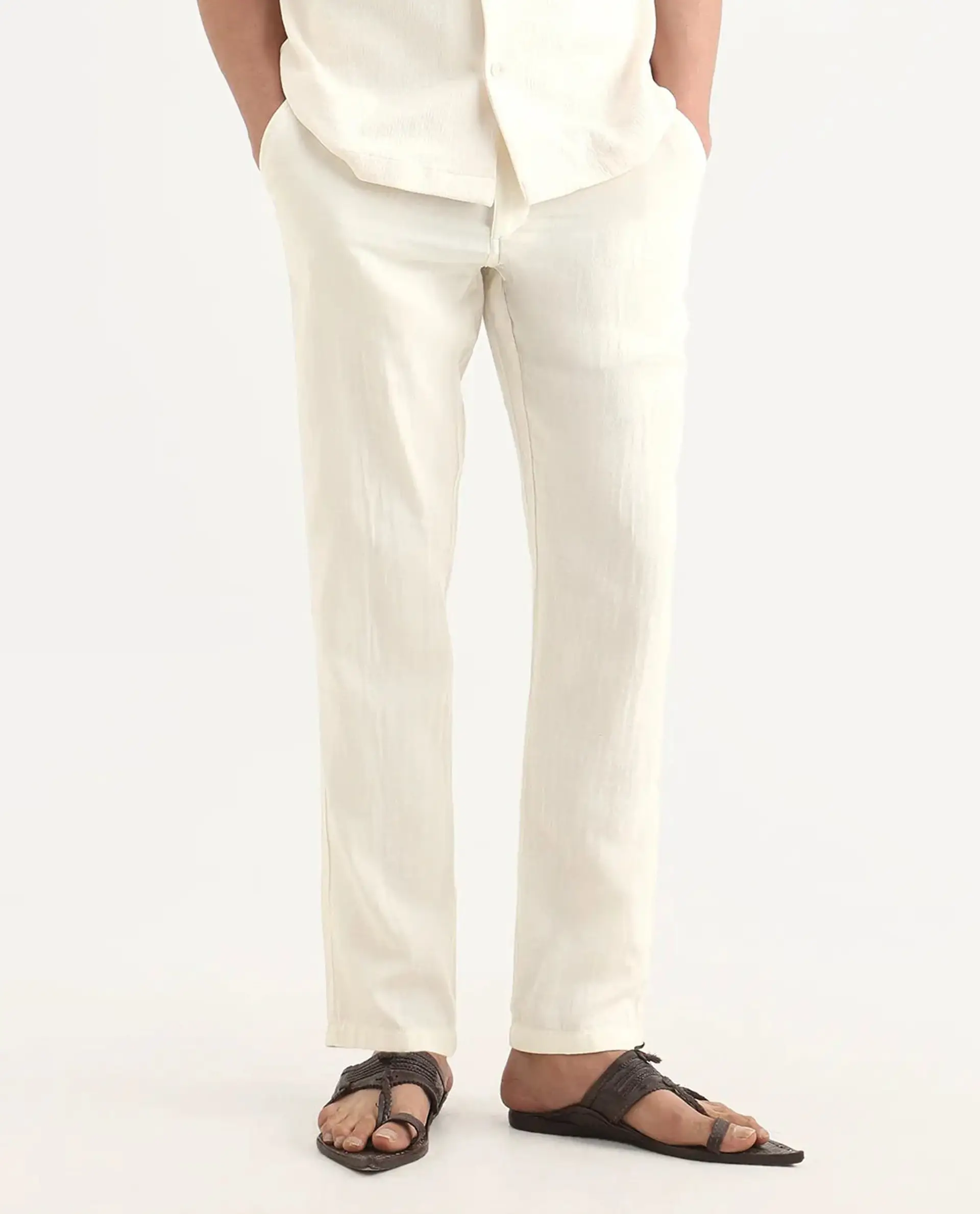 Rare Rabbit Men's Pastor-Ss26 Off White Cotton Fabric Regular Fit Drawstring Plain Trouser - Image 8