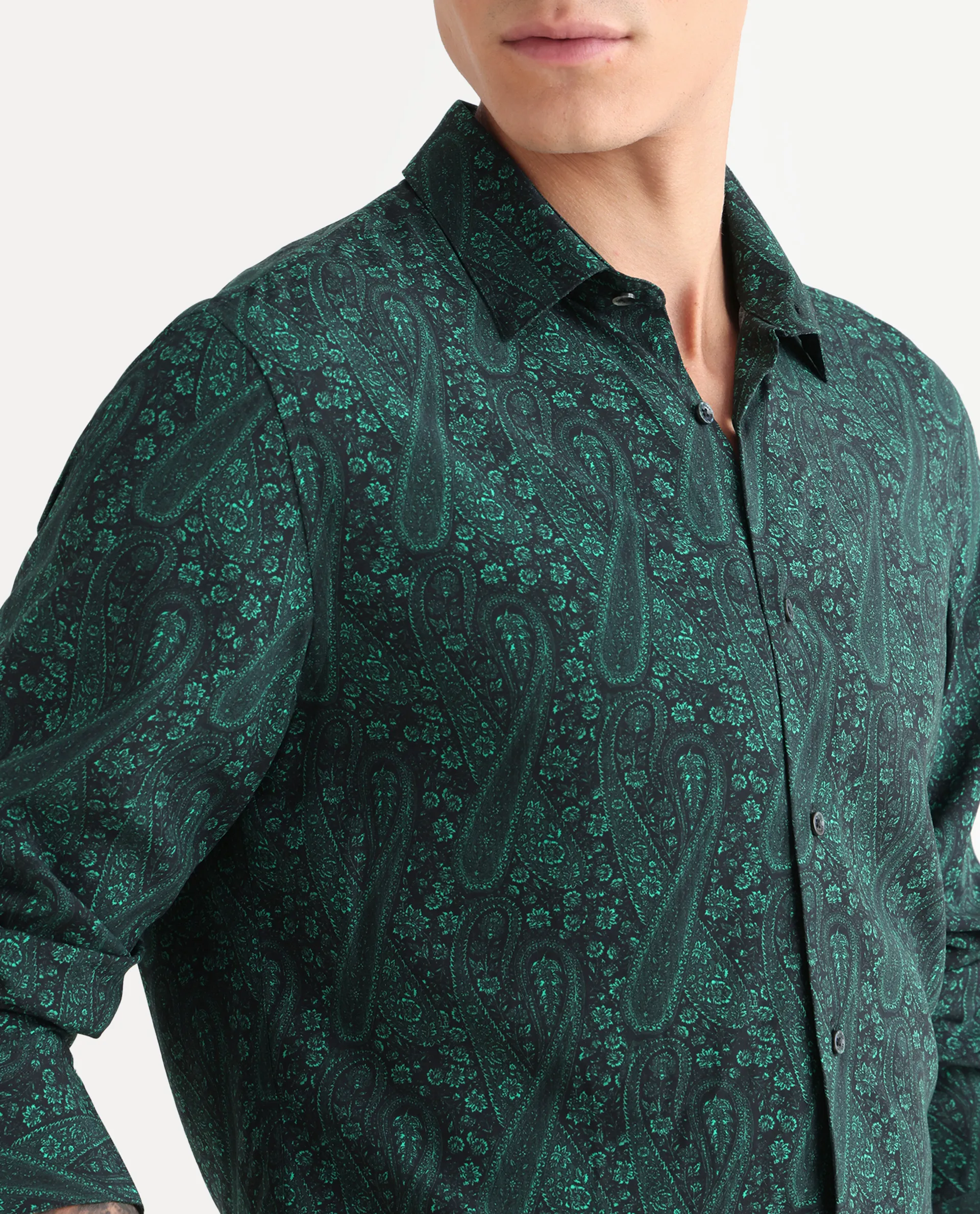 Rare Rabbit Men's Pat-25 Dark Green Viscose Paisley Print Regular Fit Full Sleeve Collared Shirt - Image 3
