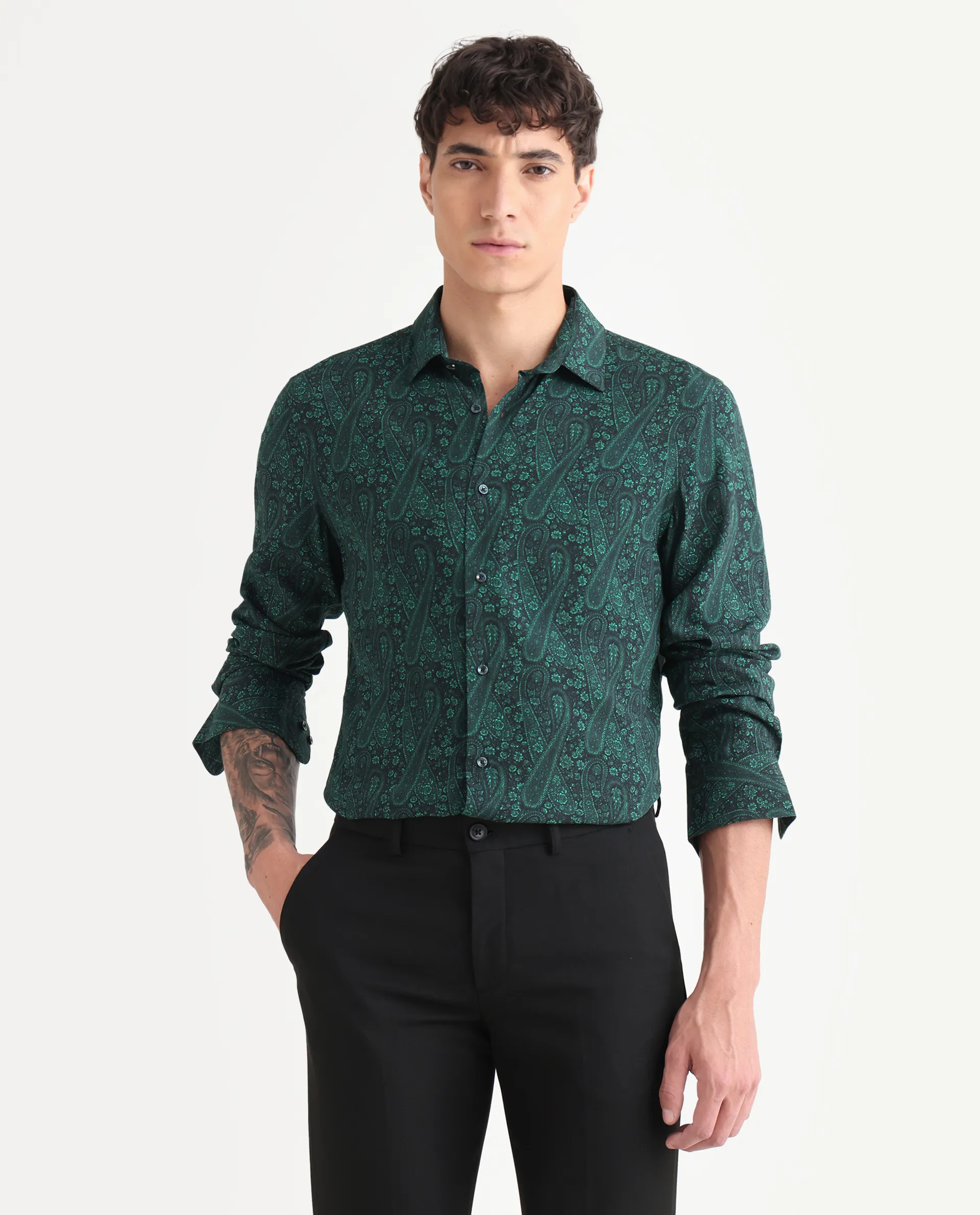 Rare Rabbit Men's Pat-25 Dark Green Viscose Paisley Print Regular Fit Full Sleeve Collared Shirt - Image 4