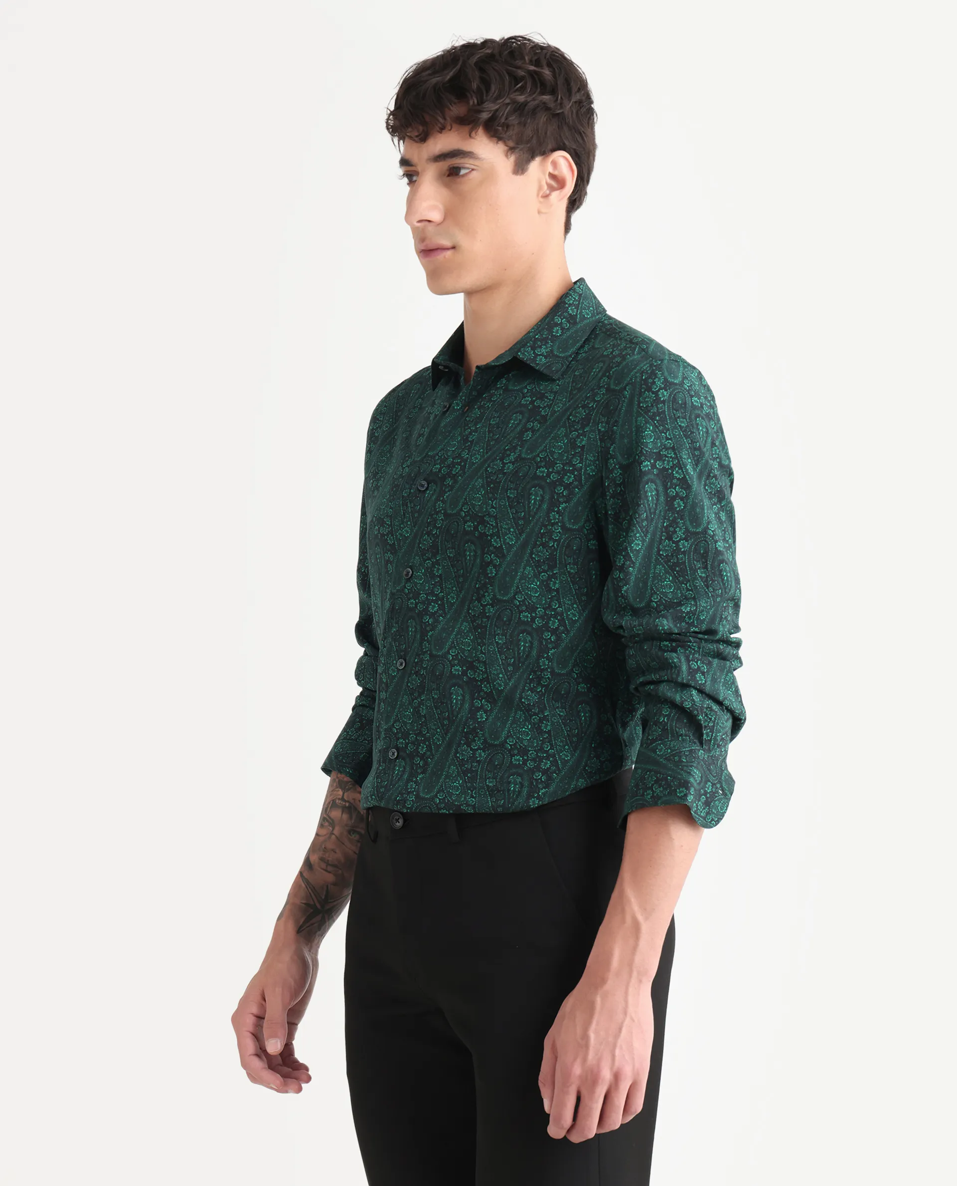 Rare Rabbit Men's Pat-25 Dark Green Viscose Paisley Print Regular Fit Full Sleeve Collared Shirt - Image 5
