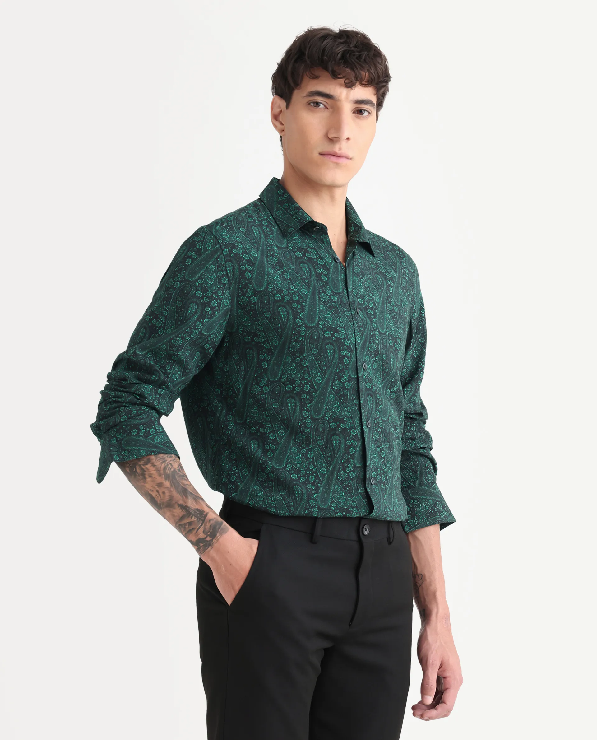 Rare Rabbit Men's Pat-25 Dark Green Viscose Paisley Print Regular Fit Full Sleeve Collared Shirt - Image 6
